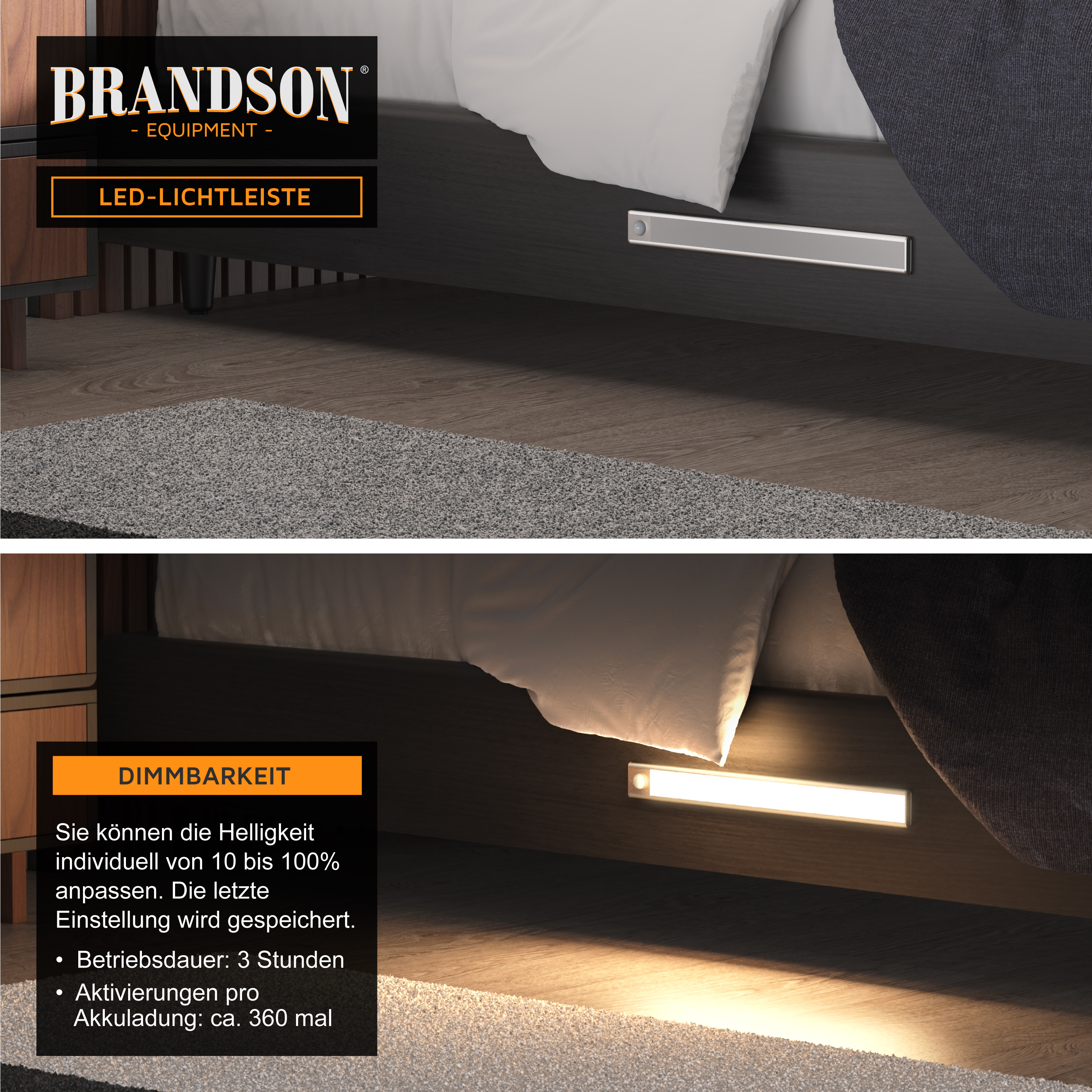 Brandson LED-Lichtleiste mit einstellbarer Helligkeit, schlankem Design, montiert unter einem Bett, strahlt warmes Licht aus.