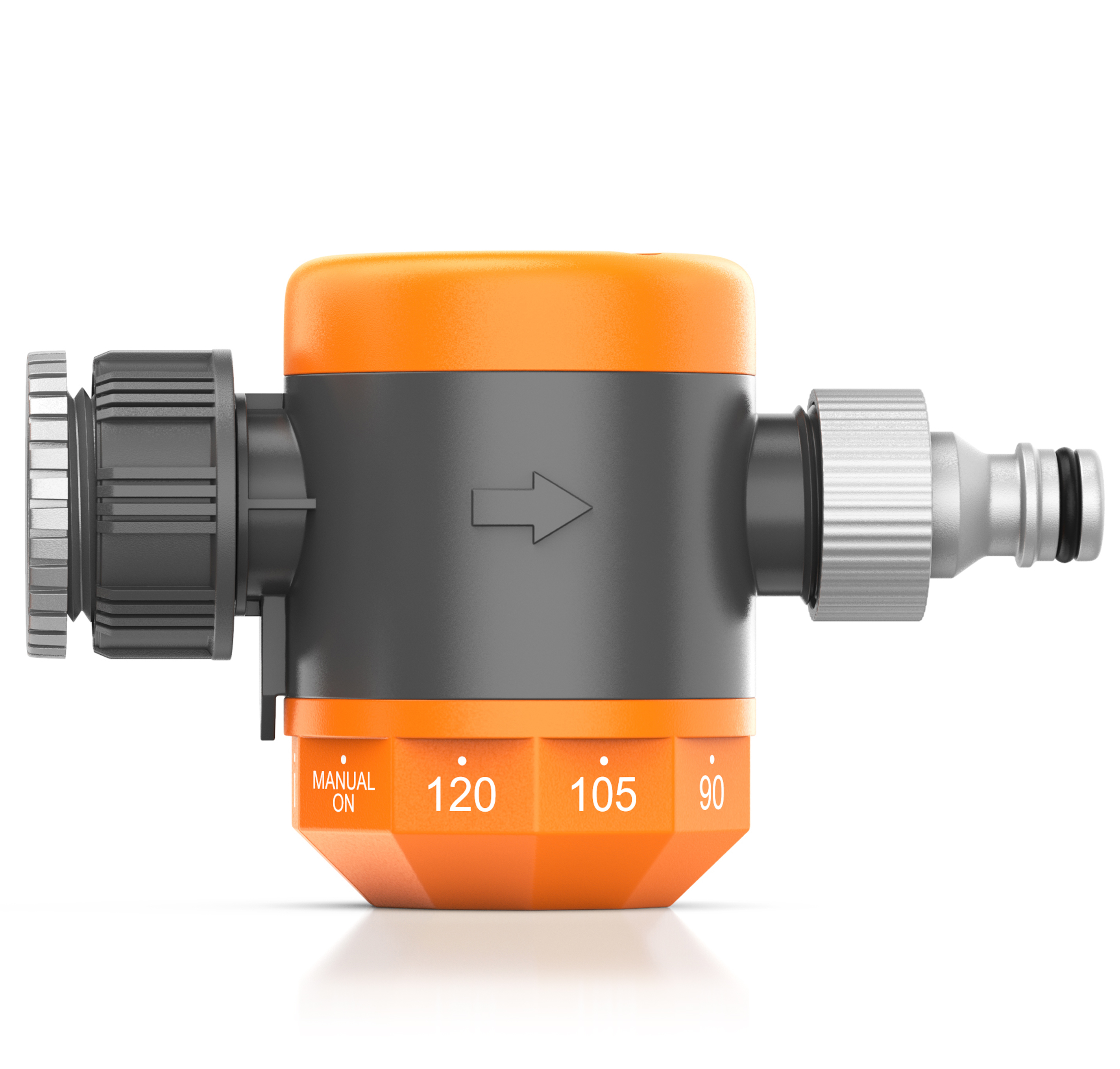 Brandson Wasserhahnadapter in orange und grau mit drehbarem Anschluss und Skala für manuelle Einstellung.