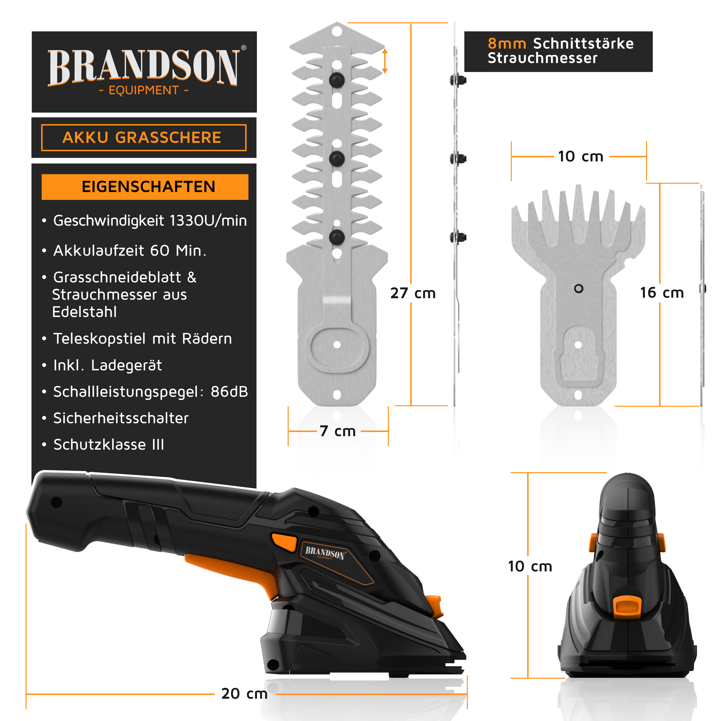 Brandson Akku Grasschneider mit ergonomischem Griff, Edelstahl-Klingen und Teleskopstiel. Inklusive Ladegerät und zwei Schneideblättern.