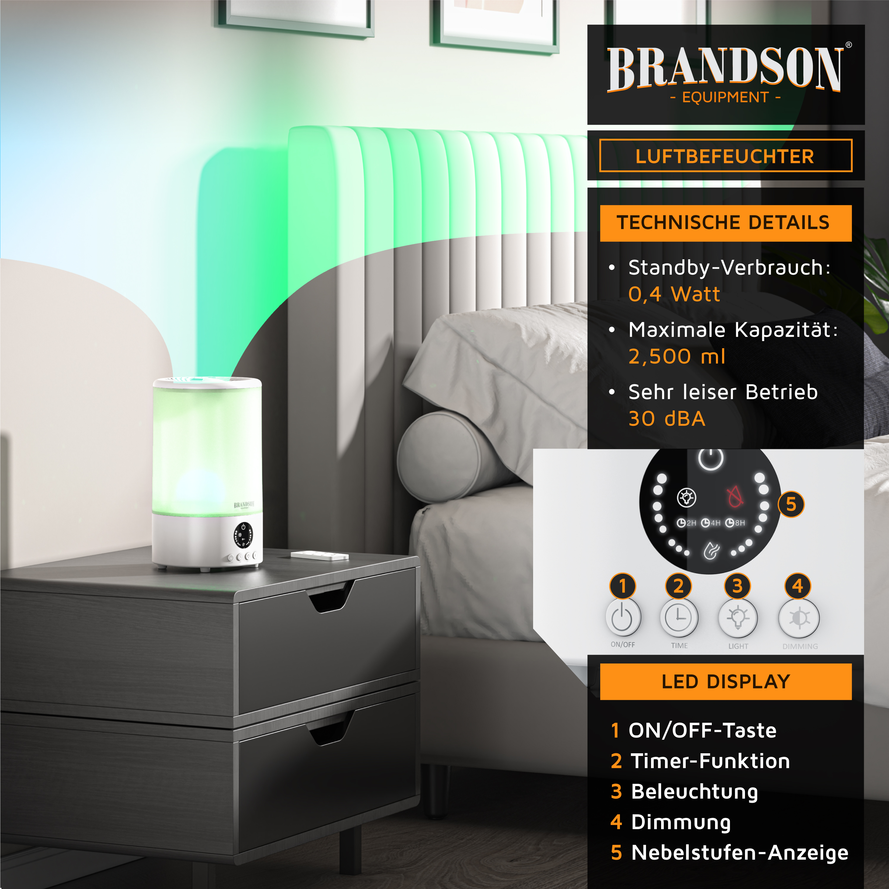 Brandson Luftbefeuchter mit LED-Display, weißer Bauform und grüner Lichtprojektion, auf einem Nachttisch neben einem Bett.