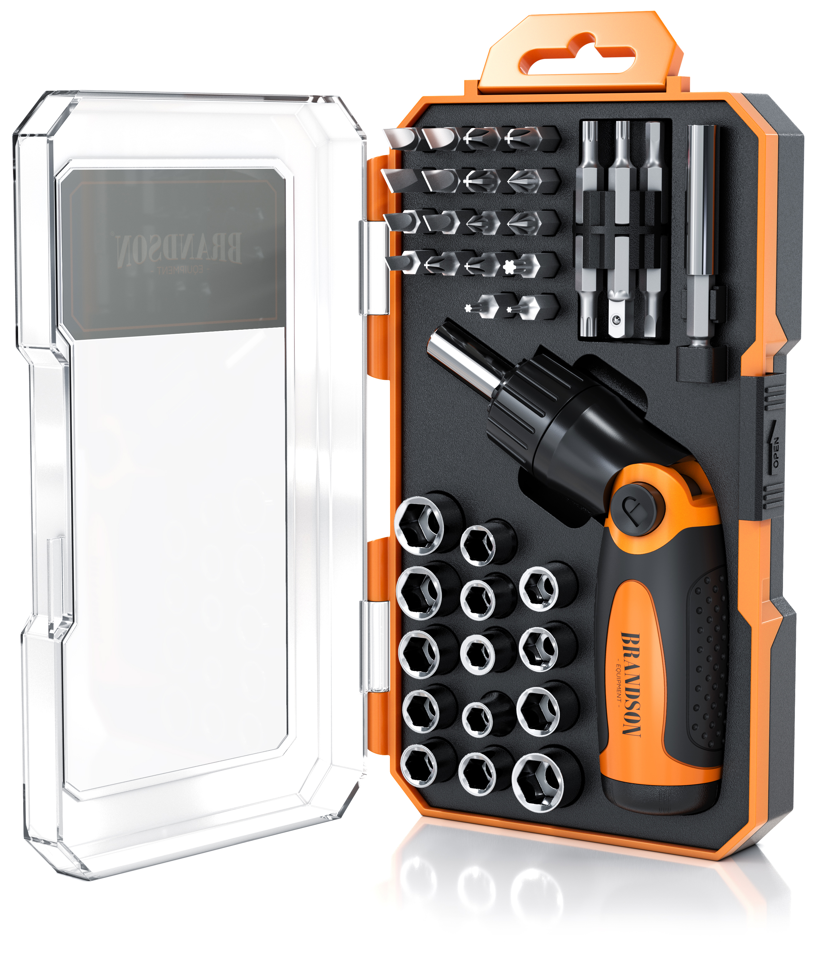 Brandson-Schraubendreher-Set mit schwarzem und orangefarbenem Griff, mehreren austauschbaren Bits und einem transparenten Aufbewahrungskoffer.