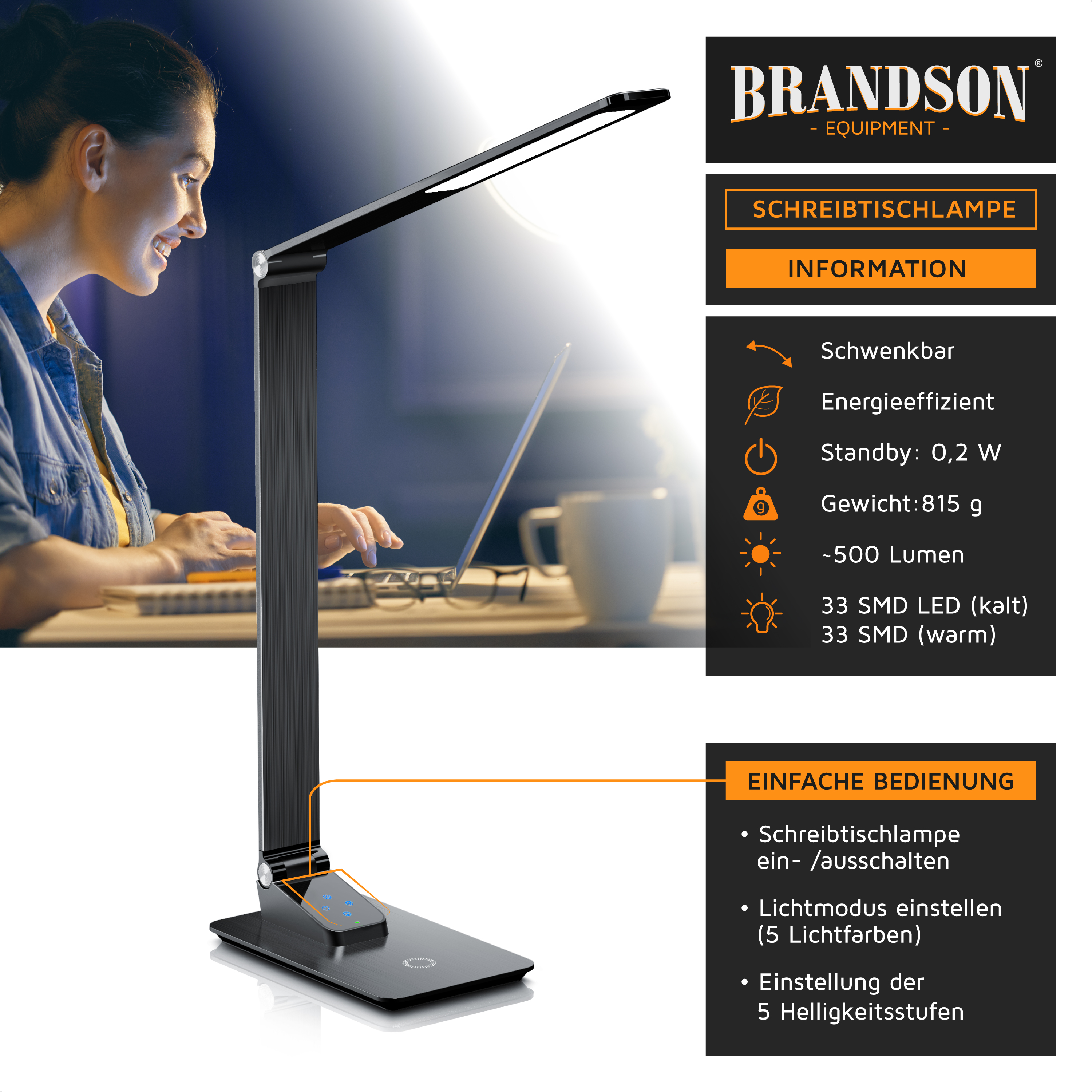 Brandson-Schreibtischlampe mit verstellbarem Arm, elegantem schwarzem Design, Touch-Bedienfeld und energieeffizienter LED-Beleuchtung.