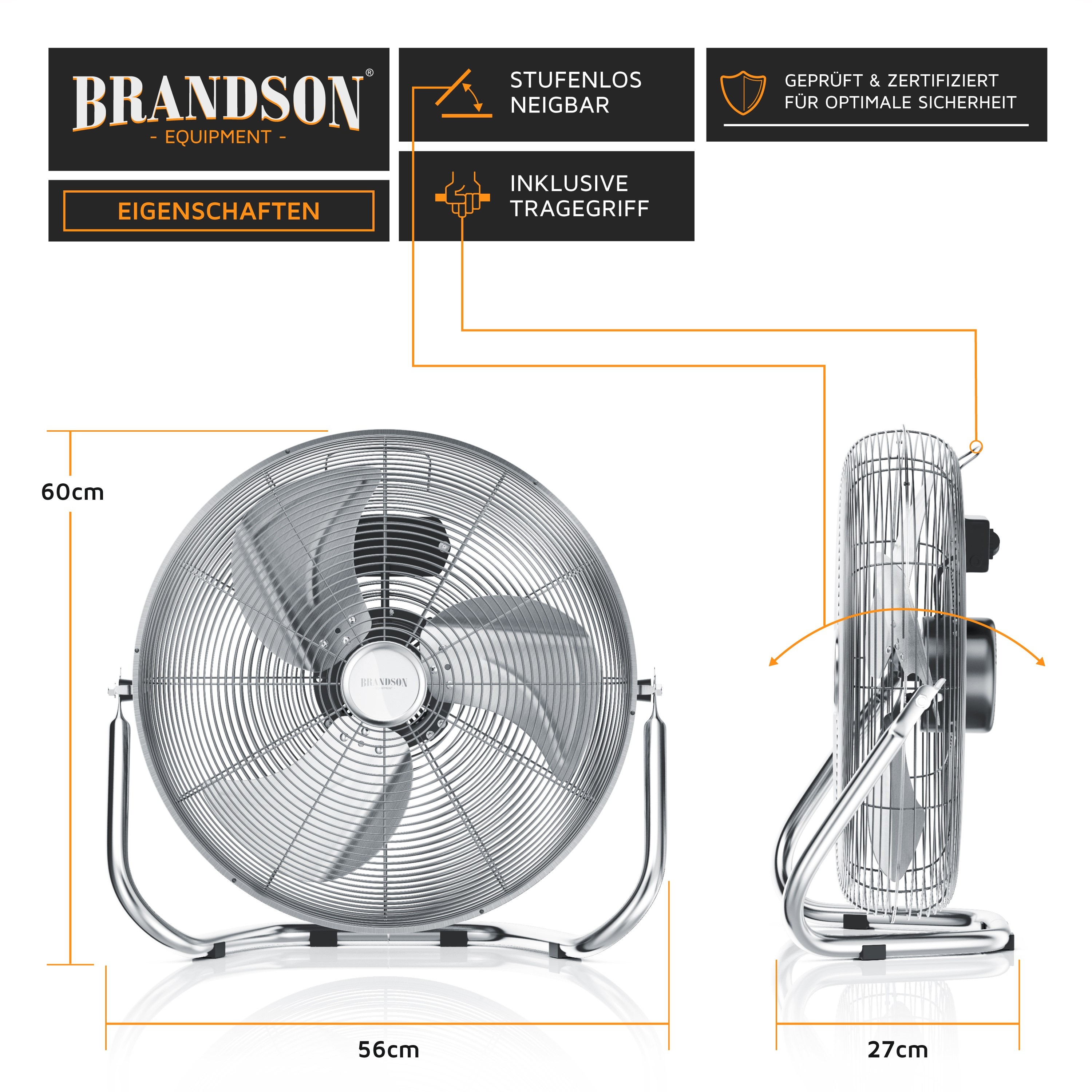 Brandson Windmaschine mit verstellbarem Neigungswinkel, robustem Metallgehäuse und praktischem Tragegriff für einfache Handhabung.