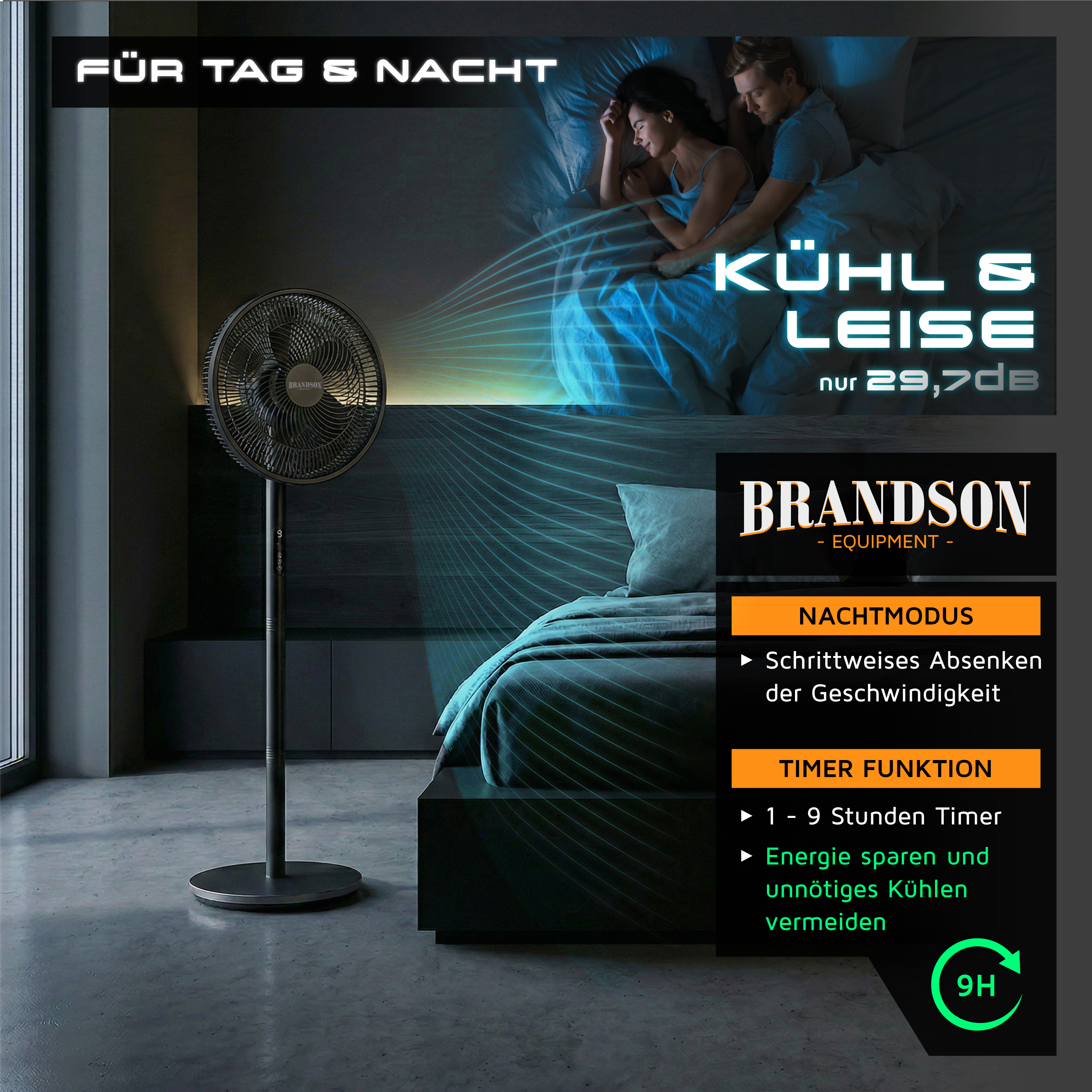 Brandson Standventilator mit schlankem Design, schwarzer Farbe und sichtbarem Bedienfeld, platziert in einer modernen Schlafzimmerumgebung.