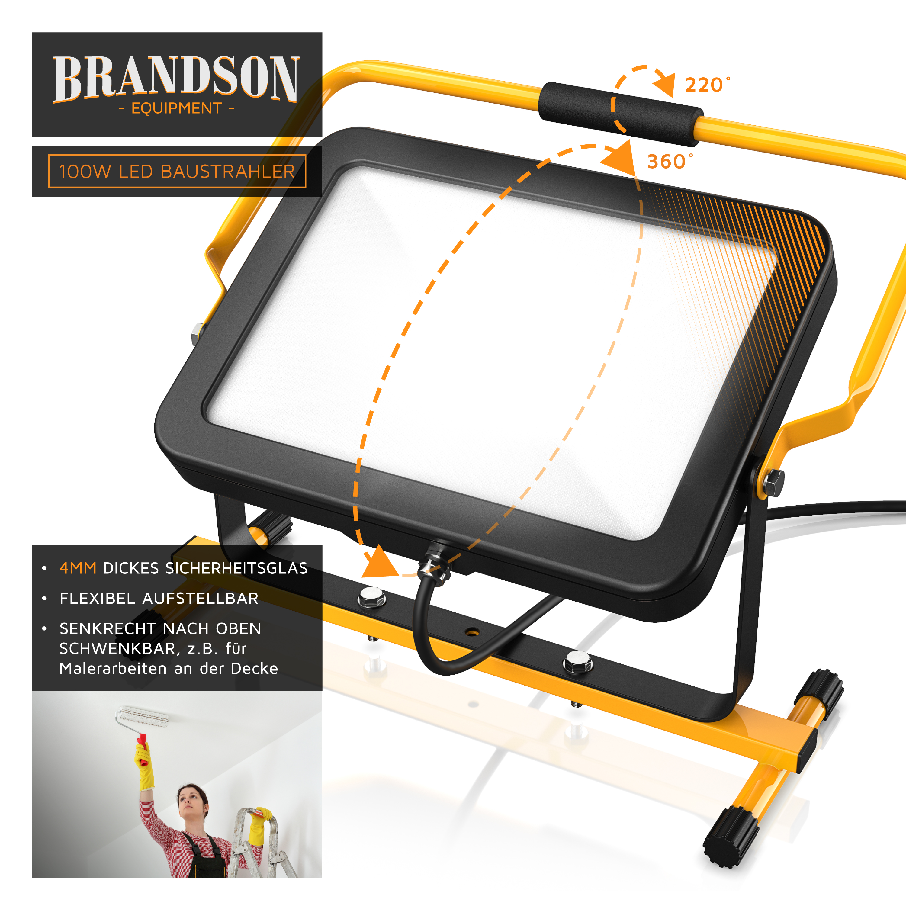Brandson 100-W-LED-Baustrahler mit verstellbarem Ständer, 360-Grad-Drehung und Sicherheitsglas für vielseitige Beleuchtung.