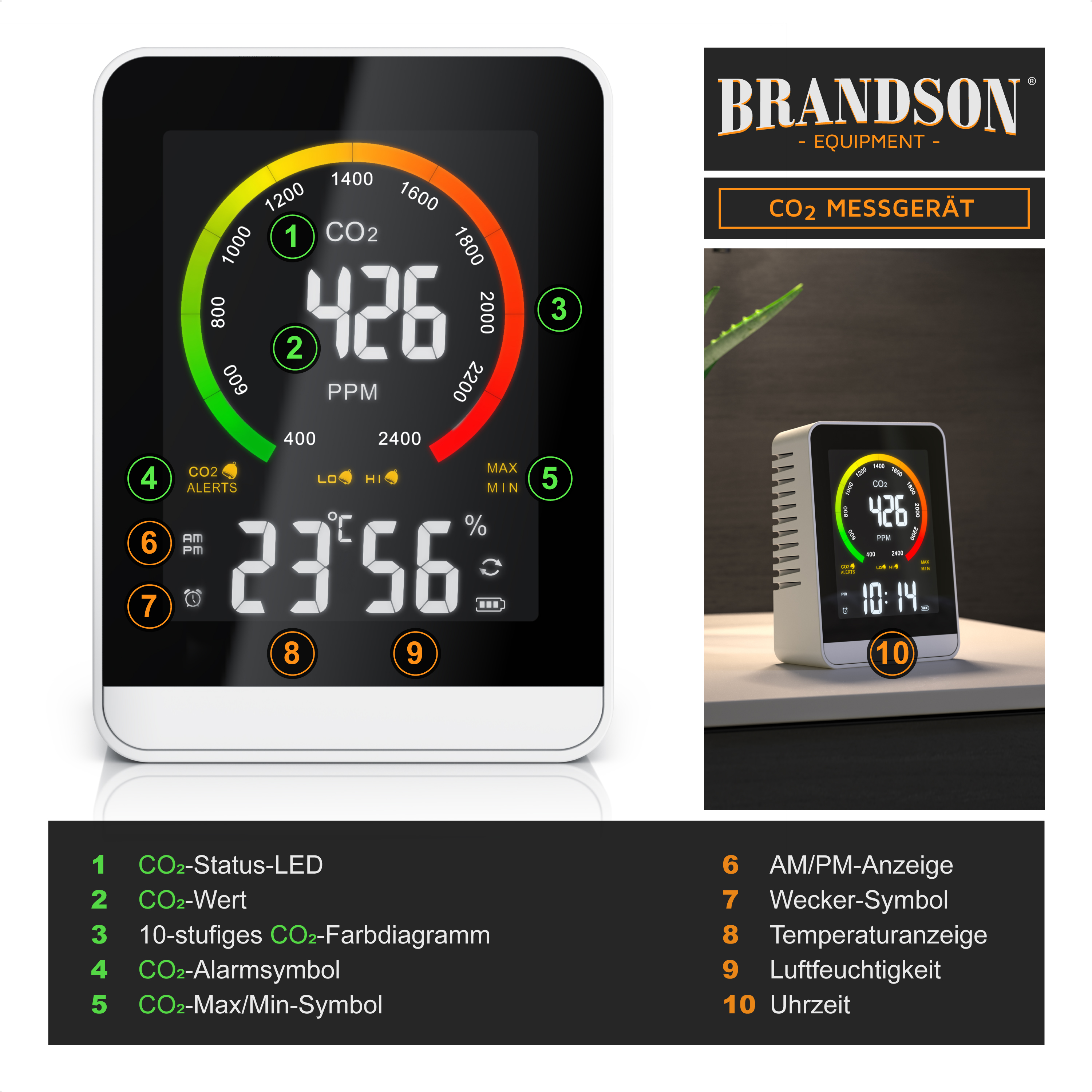 Brandson CO2-Messgerät mit digitalem Display, CO2-Wertanzeige, Temperatur- und Luftfeuchtigkeitsmessung, kompakte Bauform in Schwarz und Weiß.