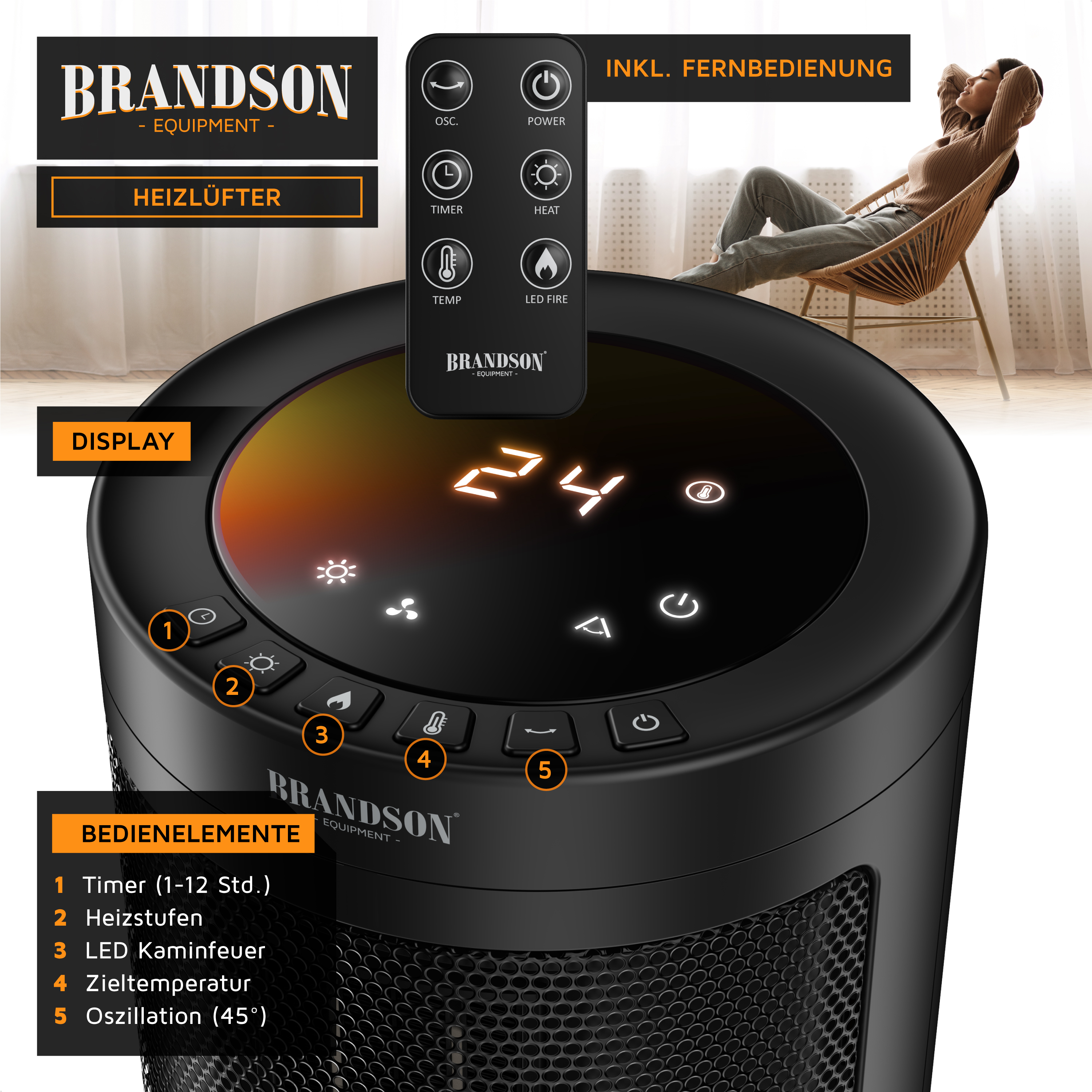 Brandson Heizlüfter mit schwarzem Gehäuse, digitalem Display, Bedienfeld und Fernbedienung, ideal für den Einsatz im Wohnzimmer.