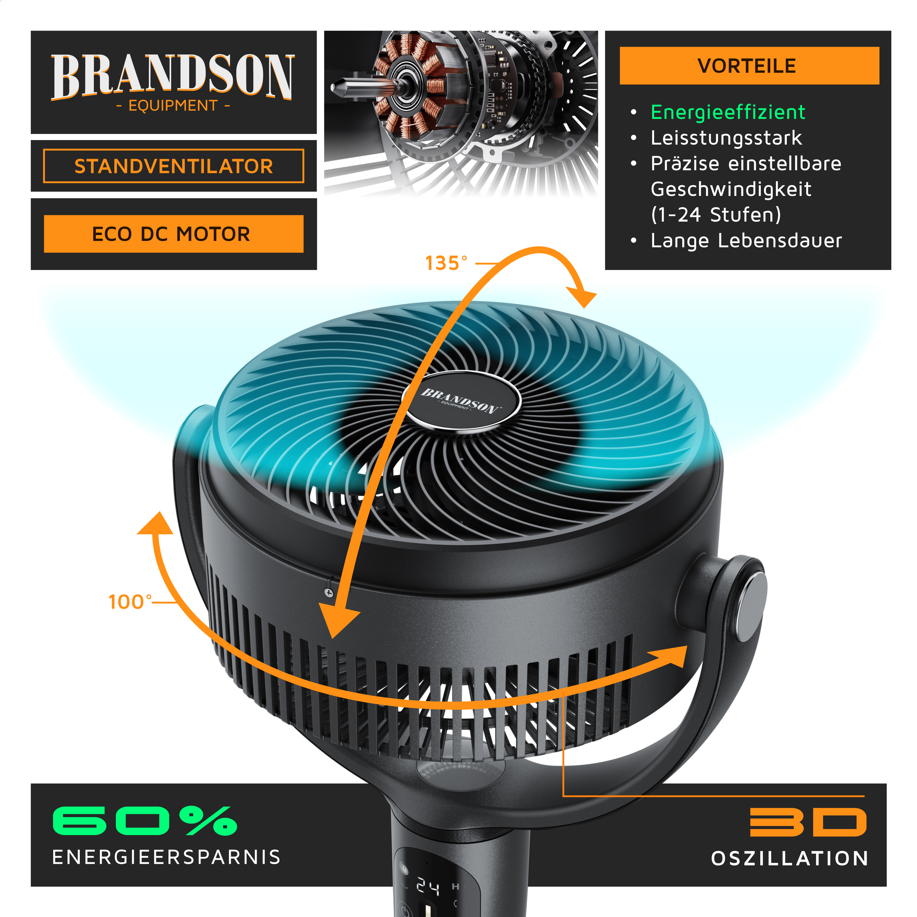 Brandson Standventilator mit Eco DC Motor, schwarzer Bauform, 3D-Oszillation und präzise einstellbarer Geschwindigkeitsstufen.