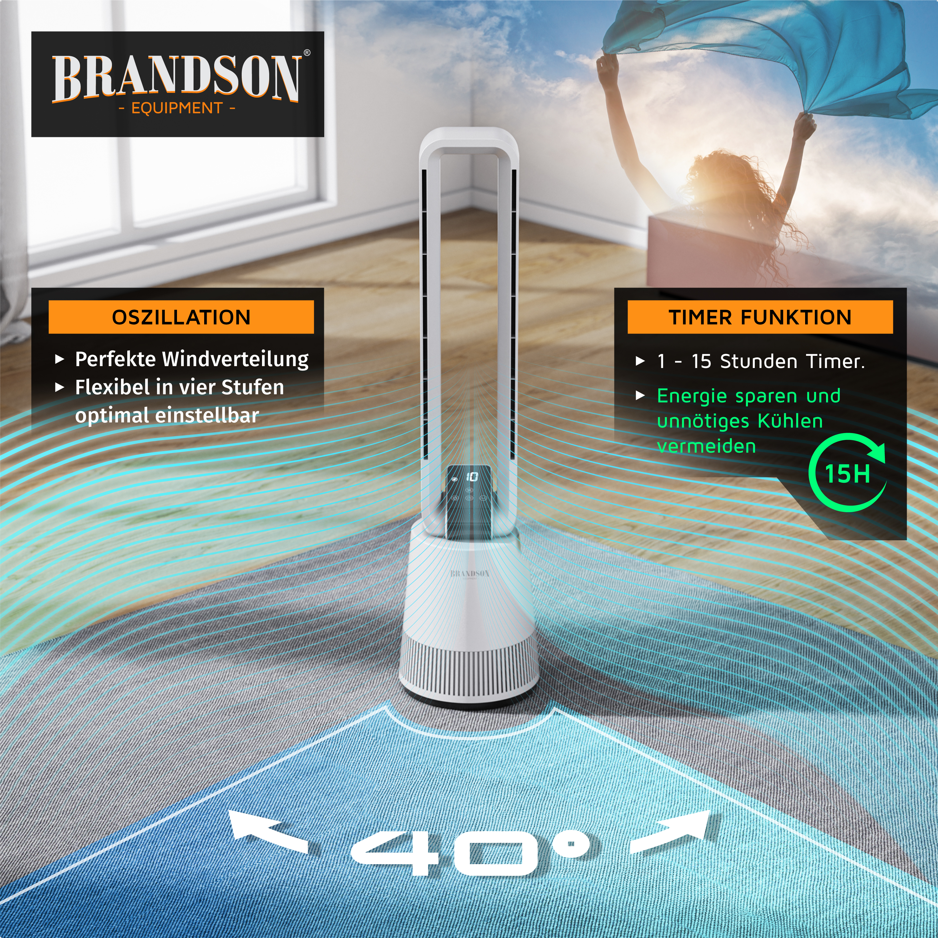 Turmventilator von Brandson mit schlankem Design, weißer Farbe, Digitalanzeige und Oszillationsfunktion für optimale Luftverteilung.