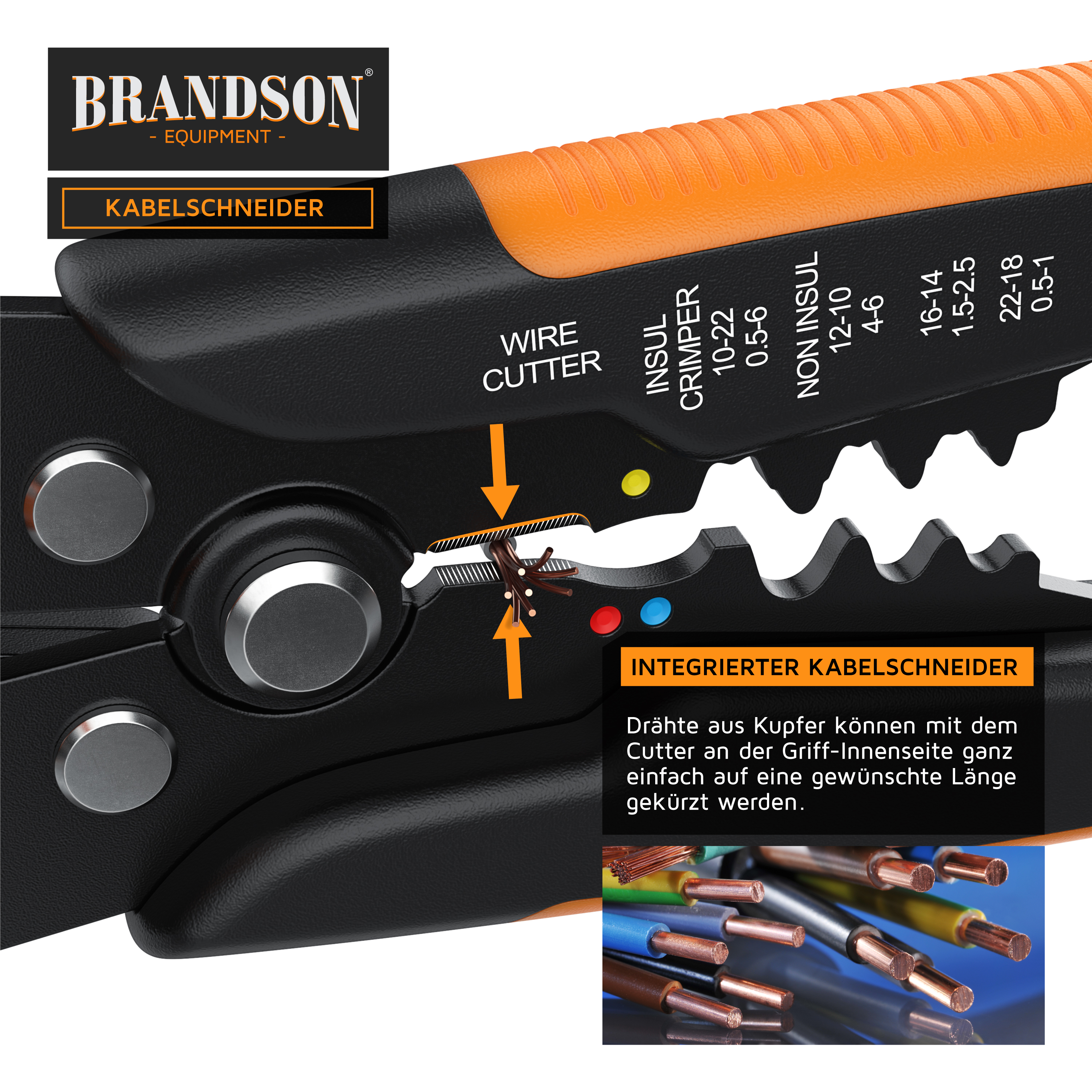 Brandson Kabelschneider mit integriertem Drahtschneider, schwarzem Griff mit orangefarbenen Akzenten und verschiedenen Crimp-Optionen.