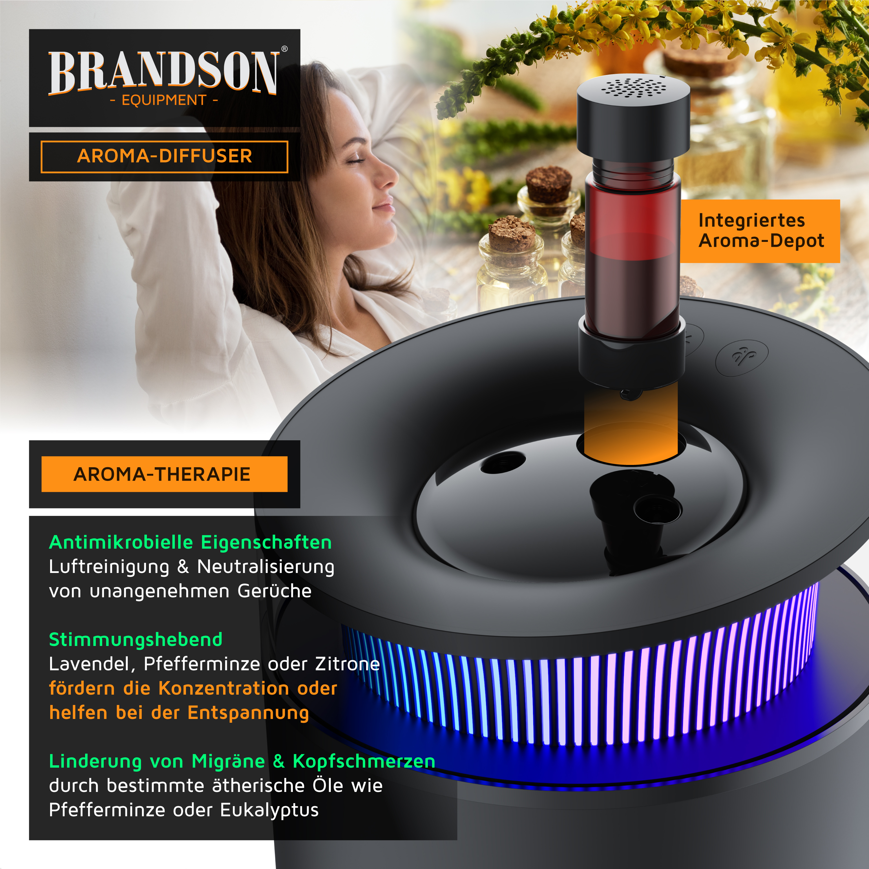 Brandson Aromadiffusor in Schwarz mit integriertem Aromafach und buntem LED-Licht zur Luftreinigung und Entspannung.