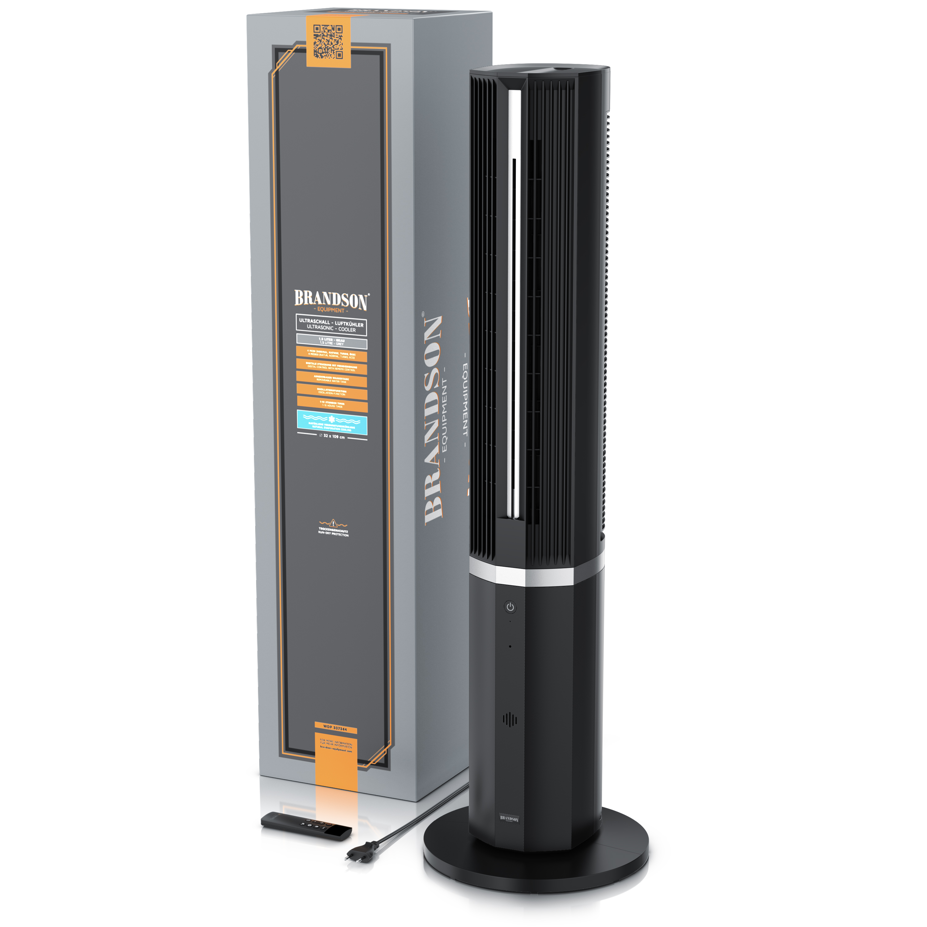Brandson-Turmventilator in Schwarz mit elegantem Design, Fernbedienung und rundem Sockel, angezeigt neben der Verpackung.