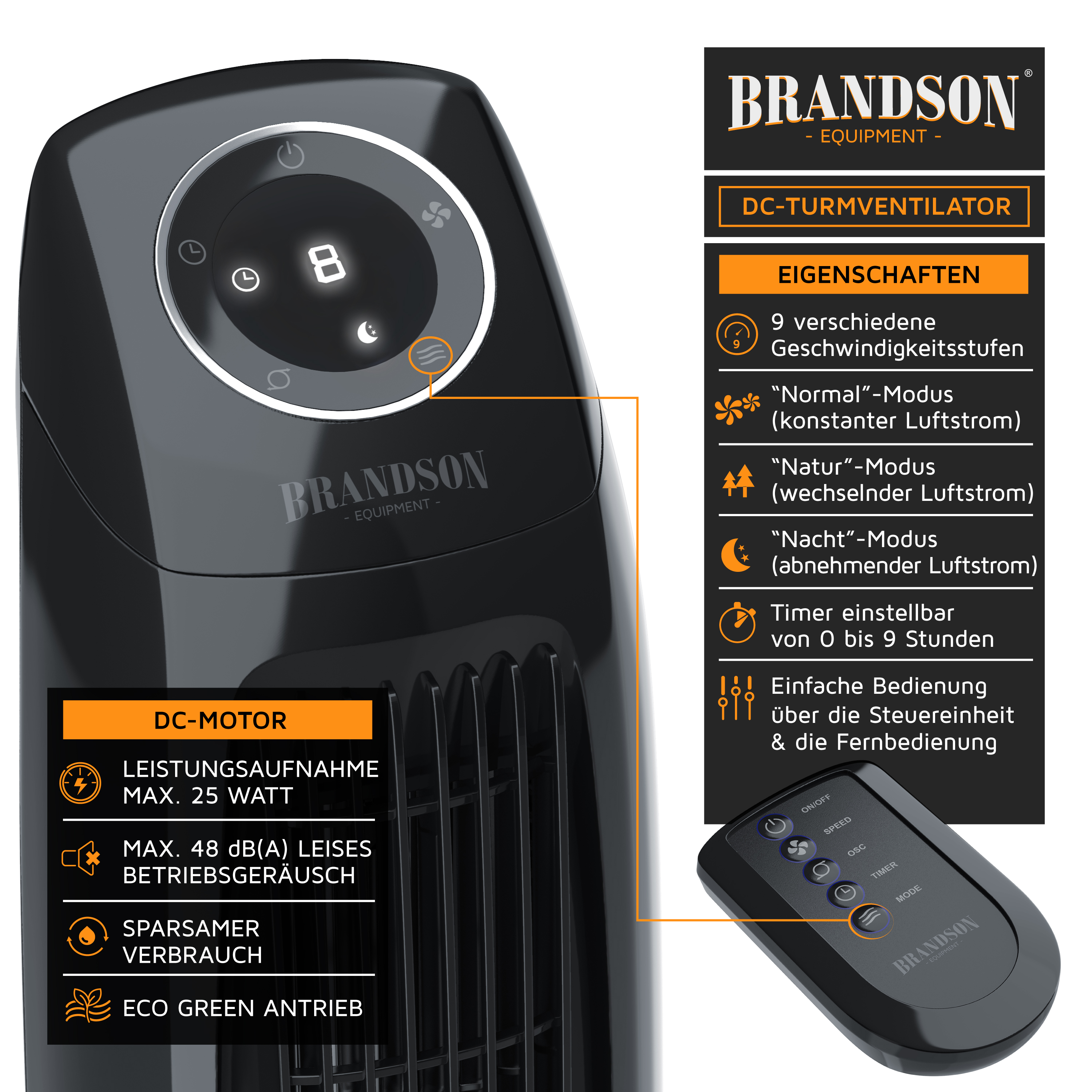 Brandson DC-Turmventilator in Schwarz mit digitalem Display, Bedienfeld und Fernbedienung für einfache Steuerung.