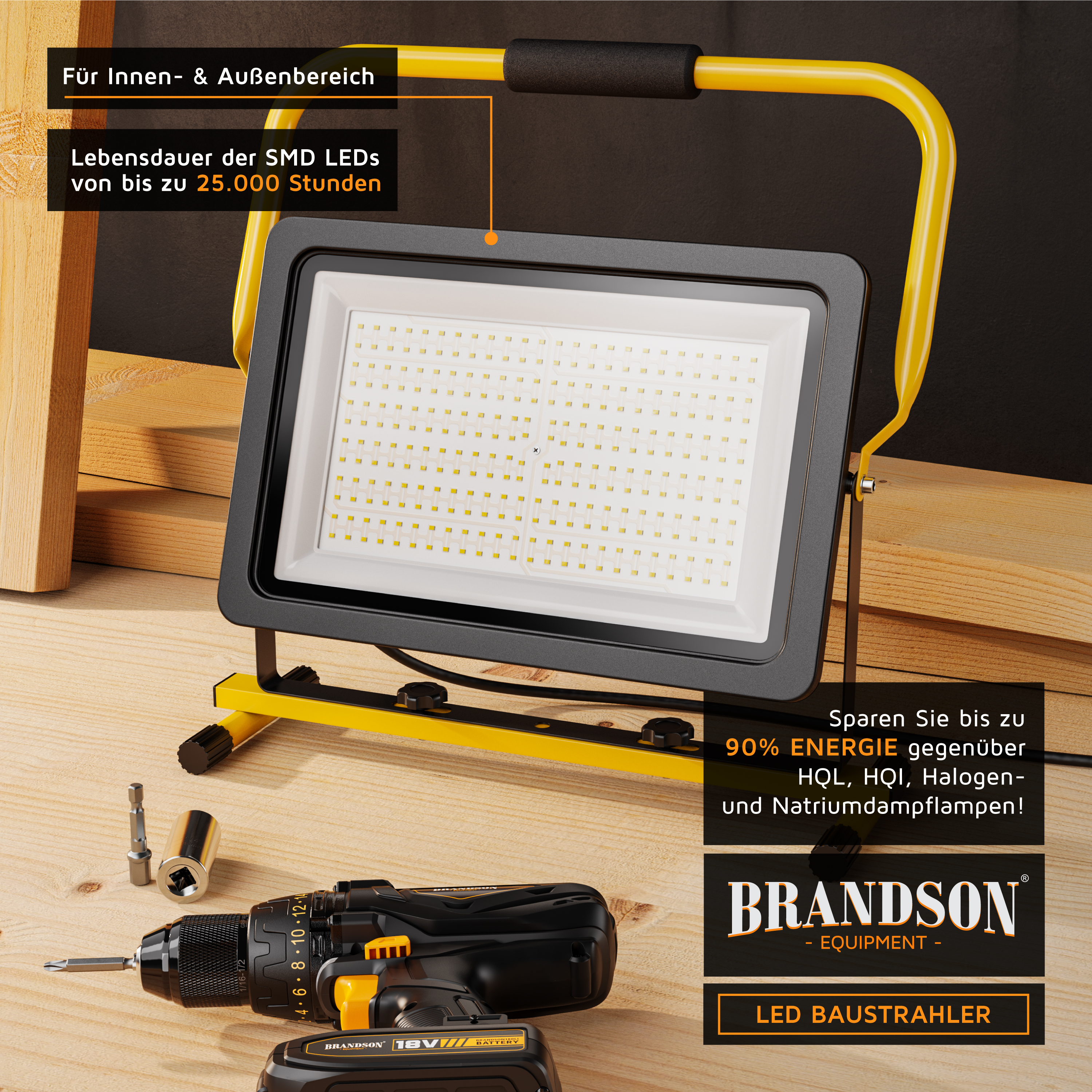 Brandson LED-Bauleuchte mit stabilem gelben Rahmen und weißem LED-Panel, geeignet für den Innen- und Außenbereich.