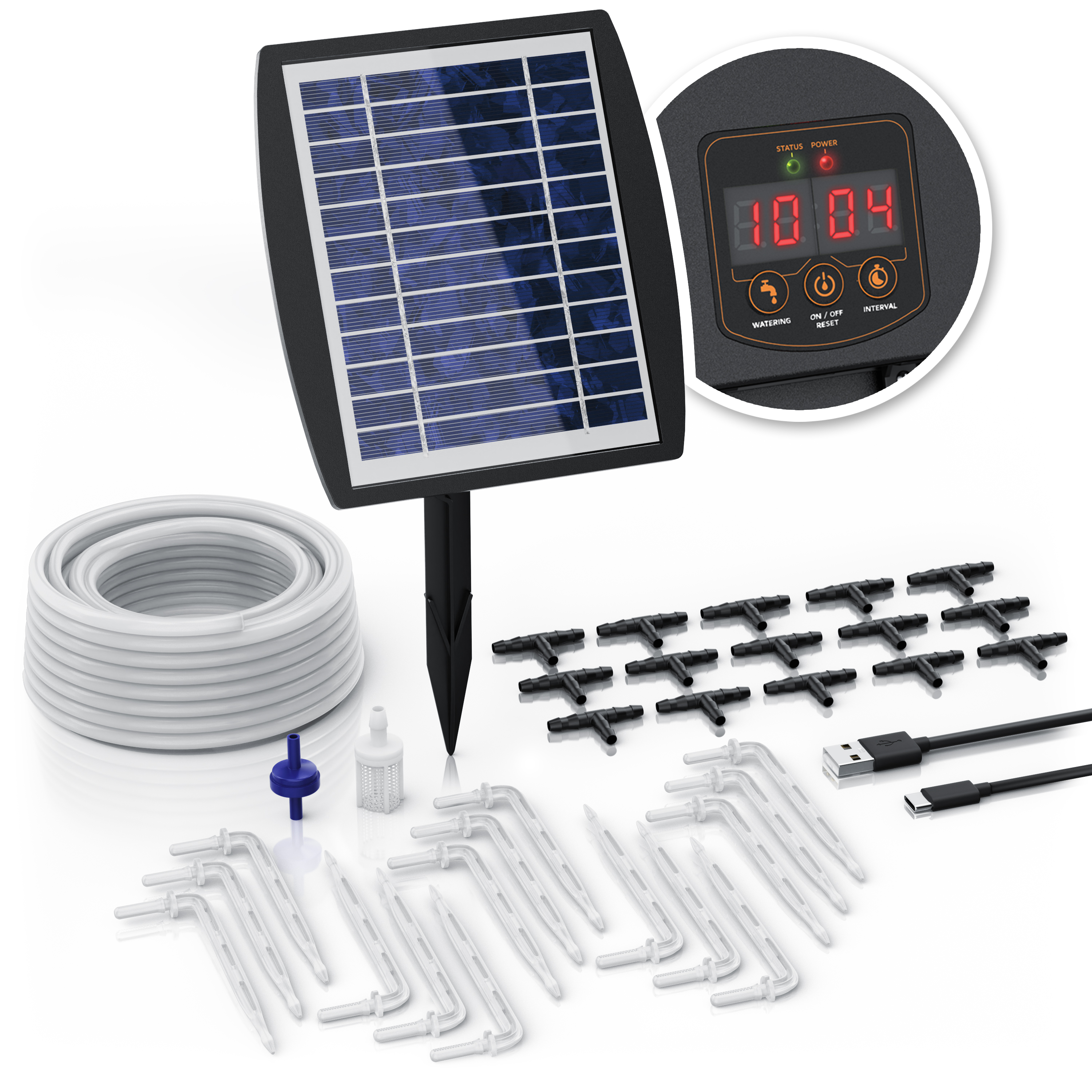 Solarbetriebenes Bewässerungssystem von Brandson mit Solarpanel, Kontrolldisplay, Schläuchen, Anschlüssen und Installationszubehör.