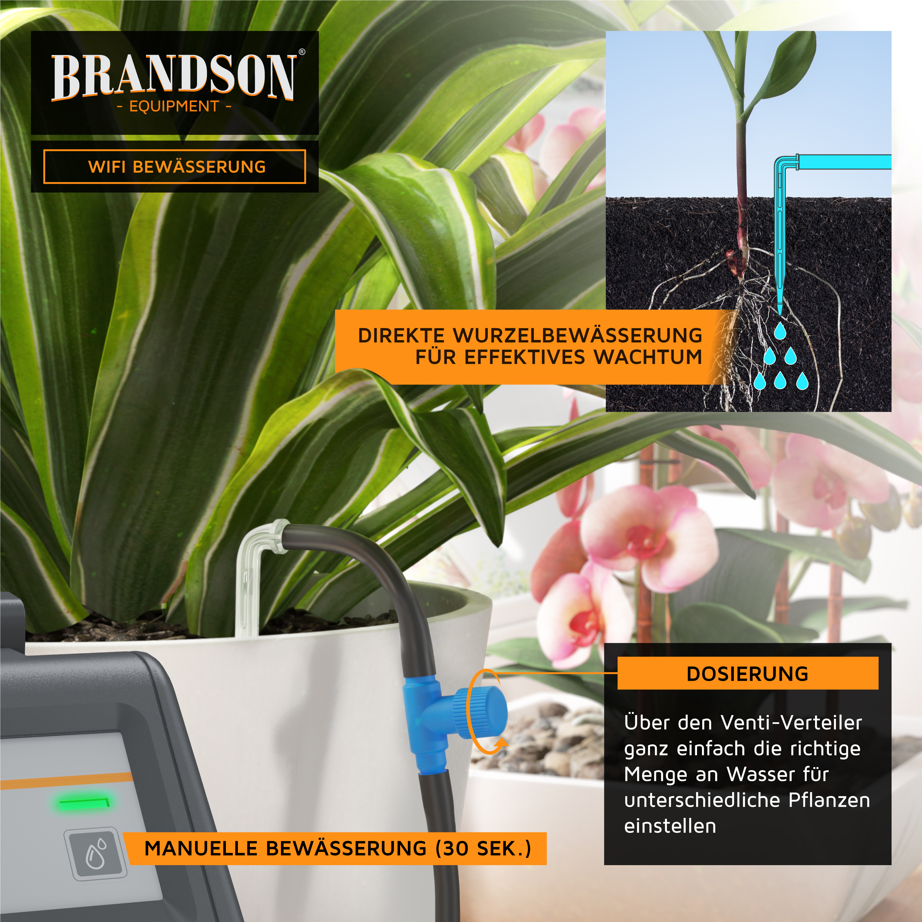 Brandson WiFi Bewässerungssystem mit Schlauch und Dosierknopf für präzise Wurzelbewässerung von Pflanzen.