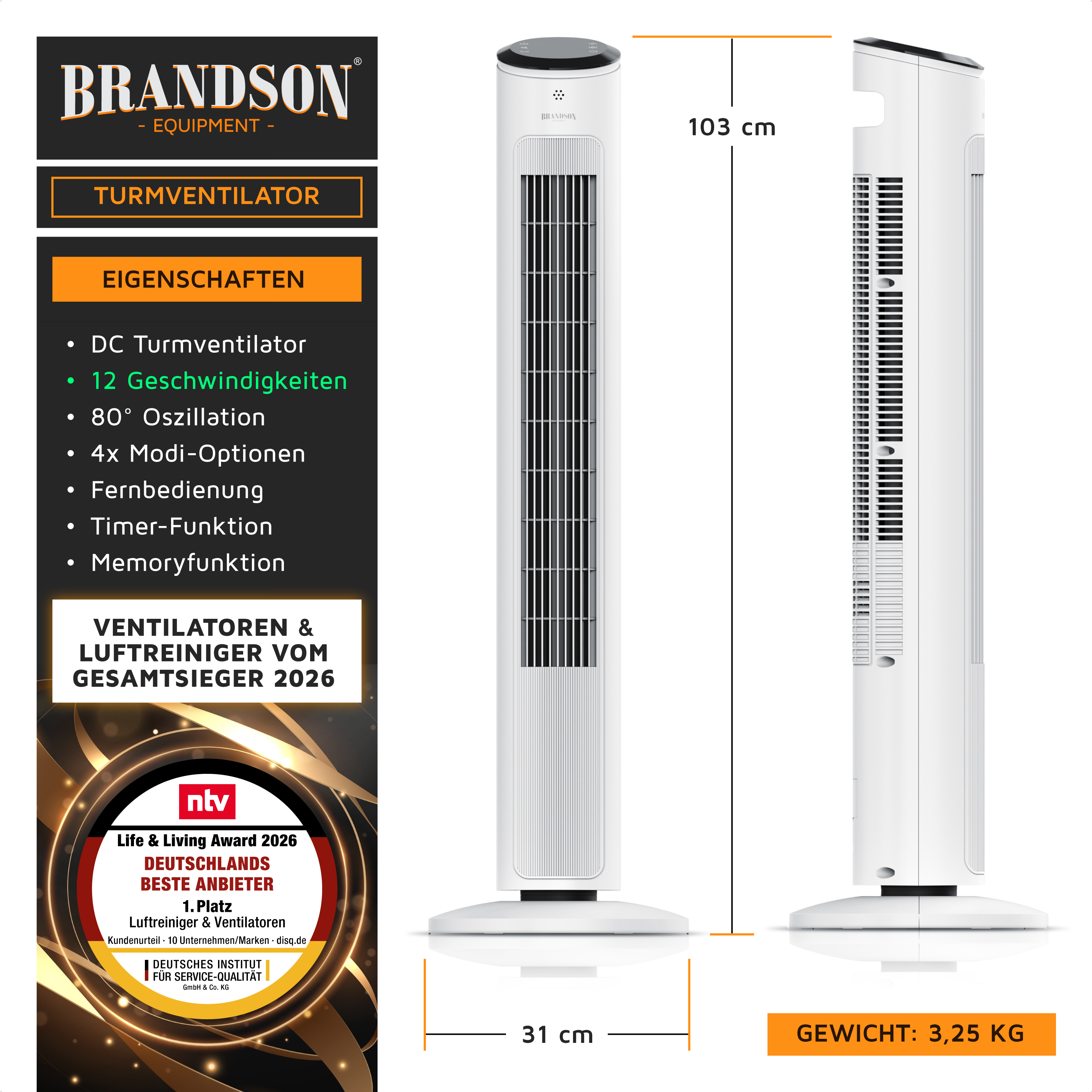 Brandson Turmventilator in Weiß mit schlanker Bauform, Fernbedienung, Bedienfeld und Timer-Funktion.
