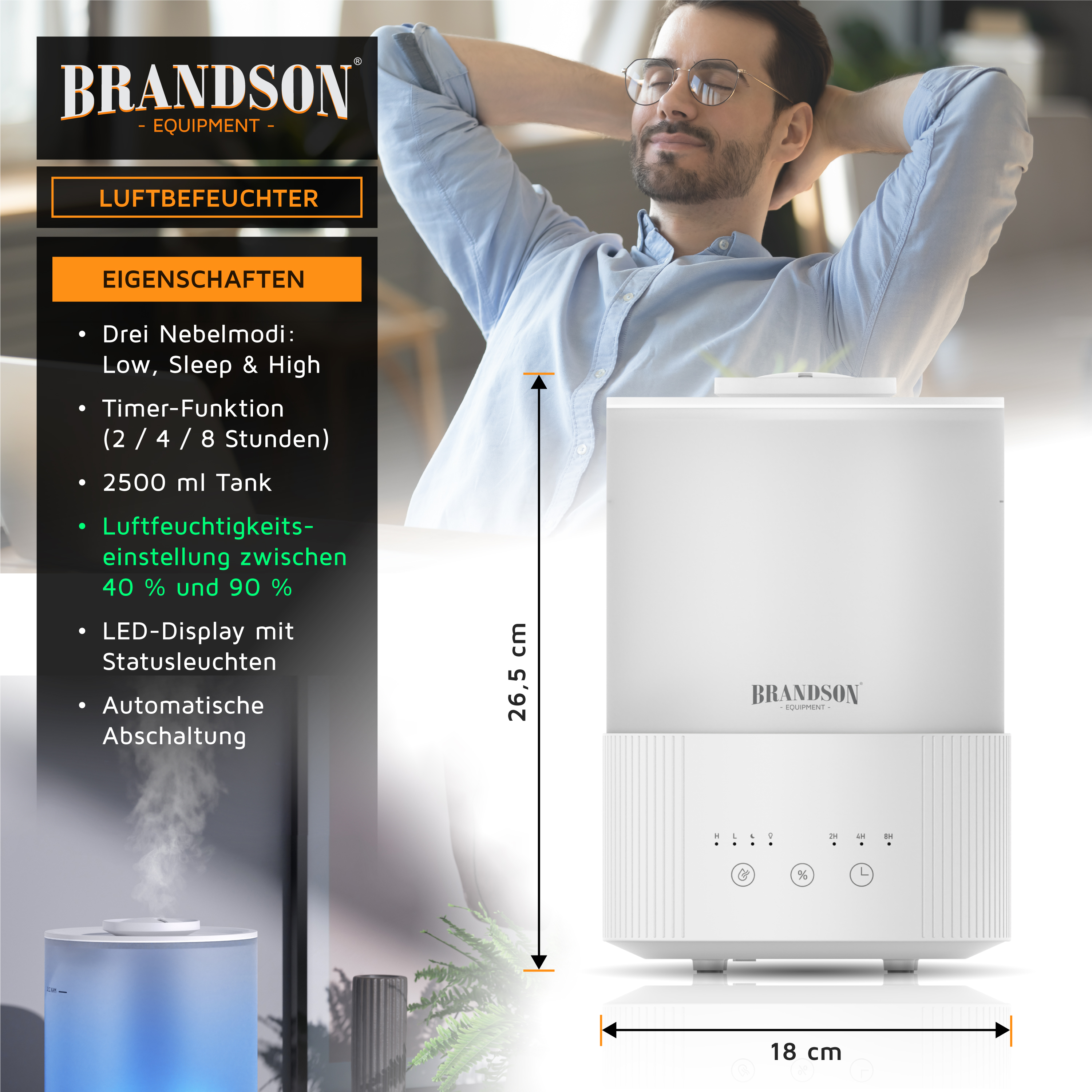 Brandson Luftbefeuchter in Weiß mit LED-Display, Bedienfeld und 2500 ml Tank, ideal für die Luftfeuchtigkeitseinstellung.