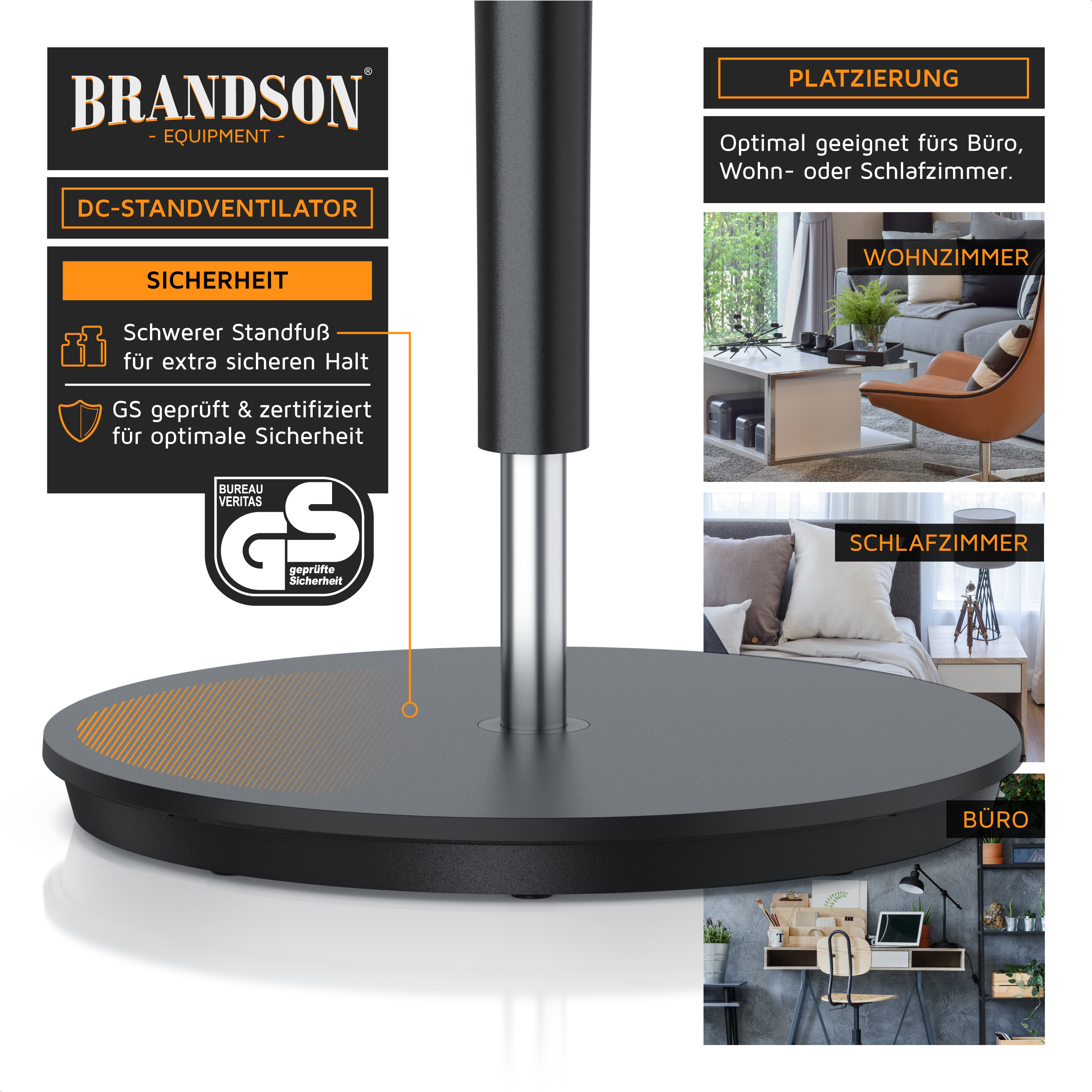 Brandson DC-Standventilator mit schwerer Basis für Stabilität, konzipiert für die optimale Platzierung in Wohnzimmern, Schlafzimmern oder Büros.