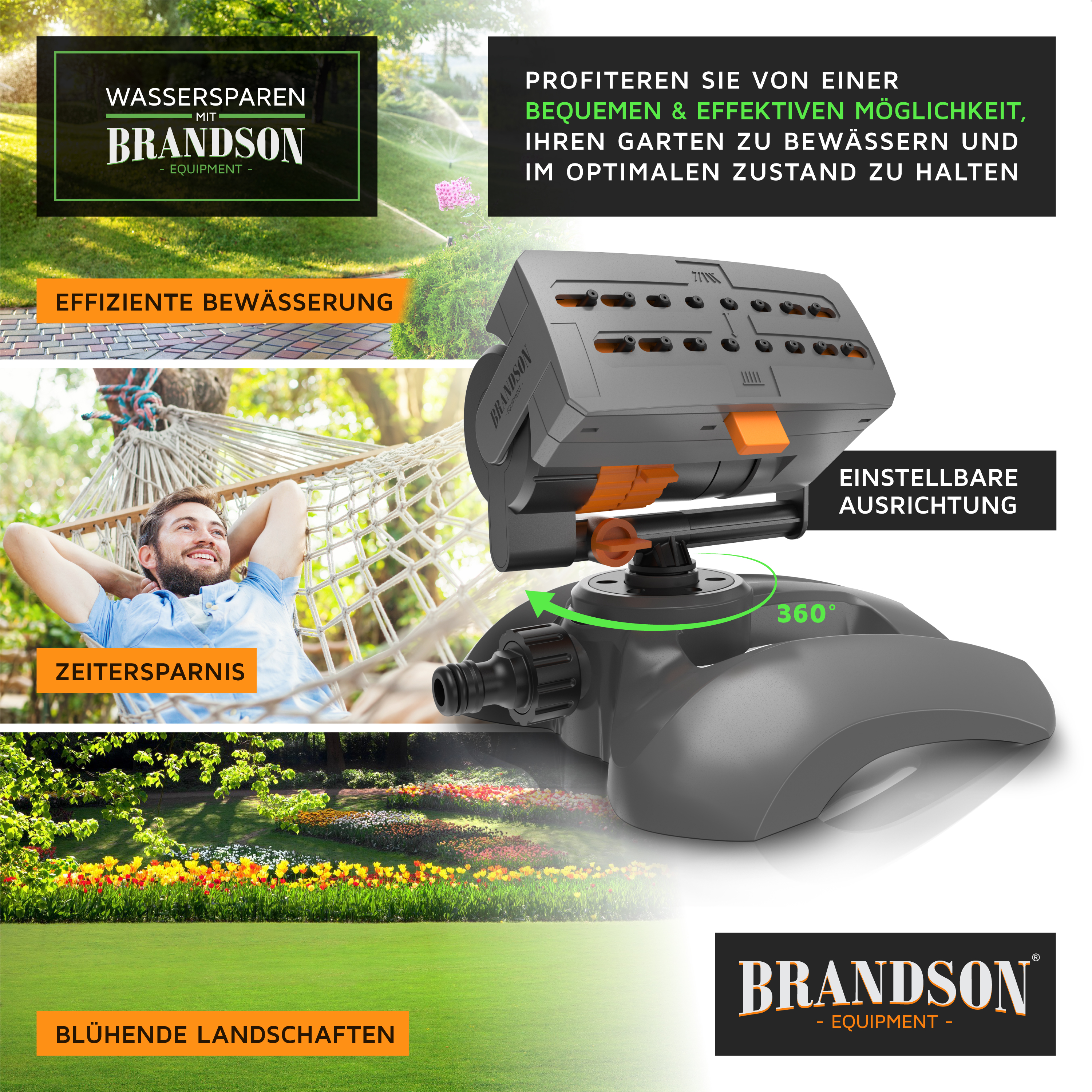 Brandson Bewässerungsgerät mit verstellbarem Kopf, grauem Gehäuse und verschiedenen Anschlussmöglichkeiten für effiziente Gartenbewässerung.