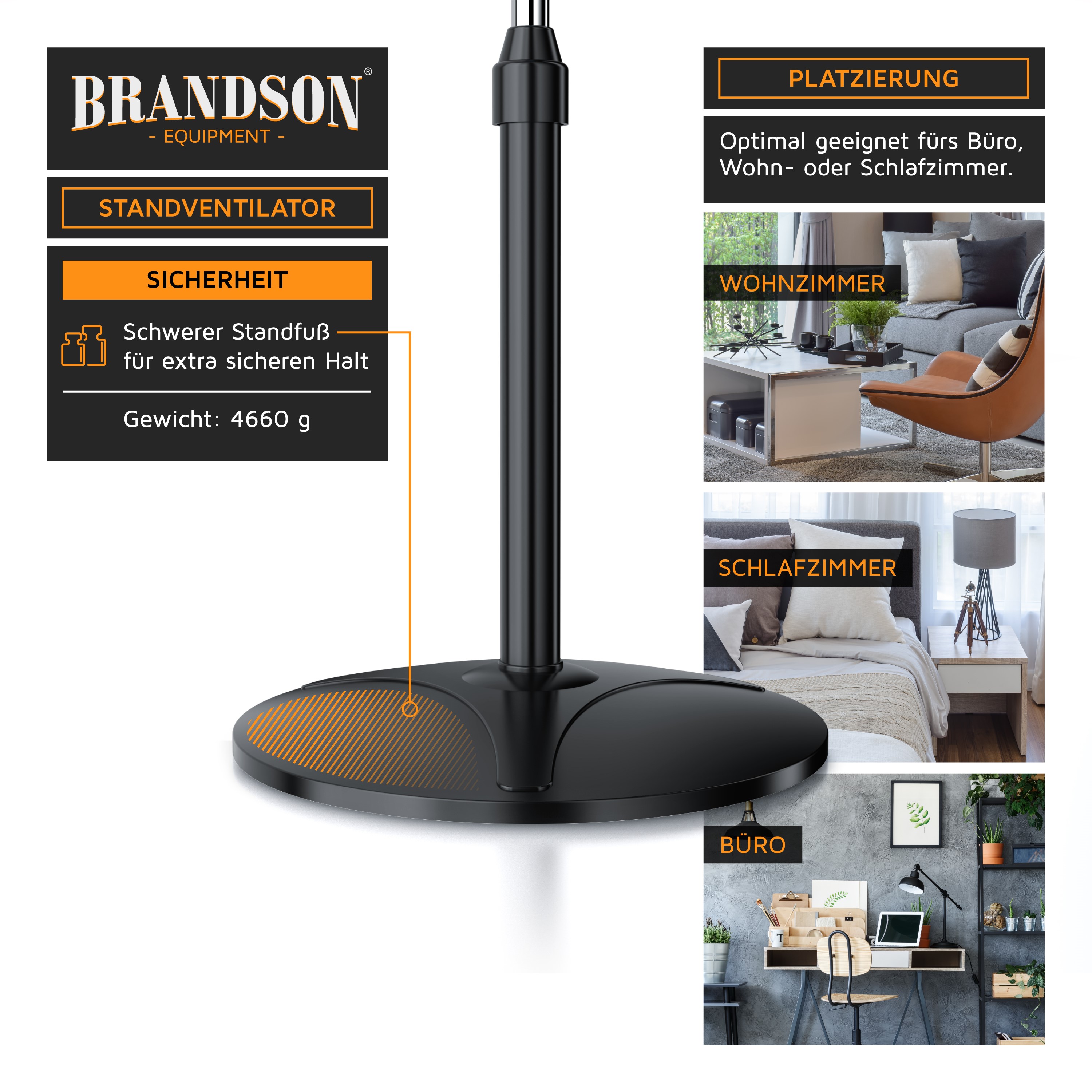 Brandson Standventilator mit schwerem Standfuß, schwarzem Gehäuse und optimaler Platzierung für Büro, Wohnzimmer oder Schlafzimmer.