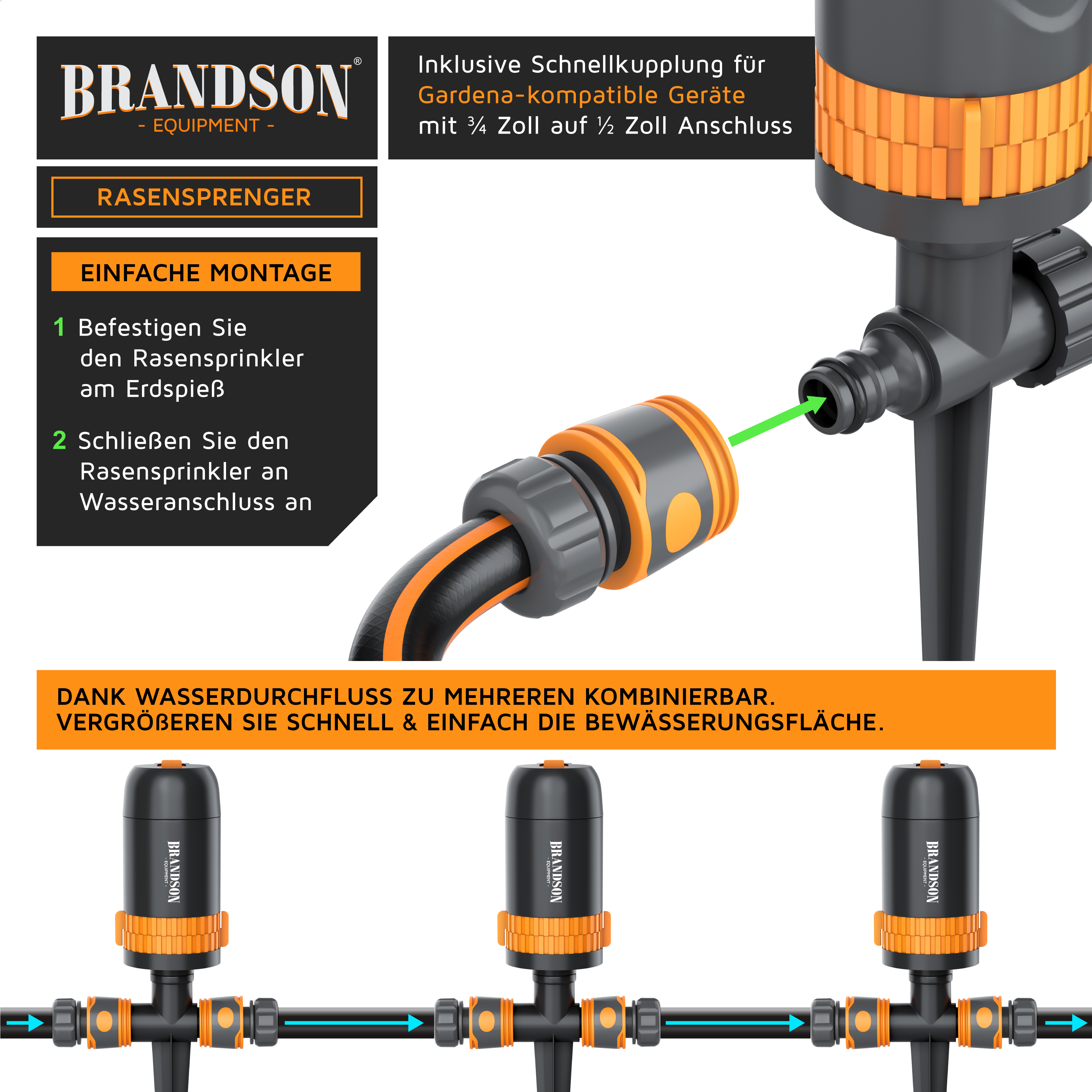 Brandson Rasensprenger mit Schnellkupplung, schwarz-orange, einfache Montage am Erdspeis, geeignet für Gardena-kompatible Geräte.