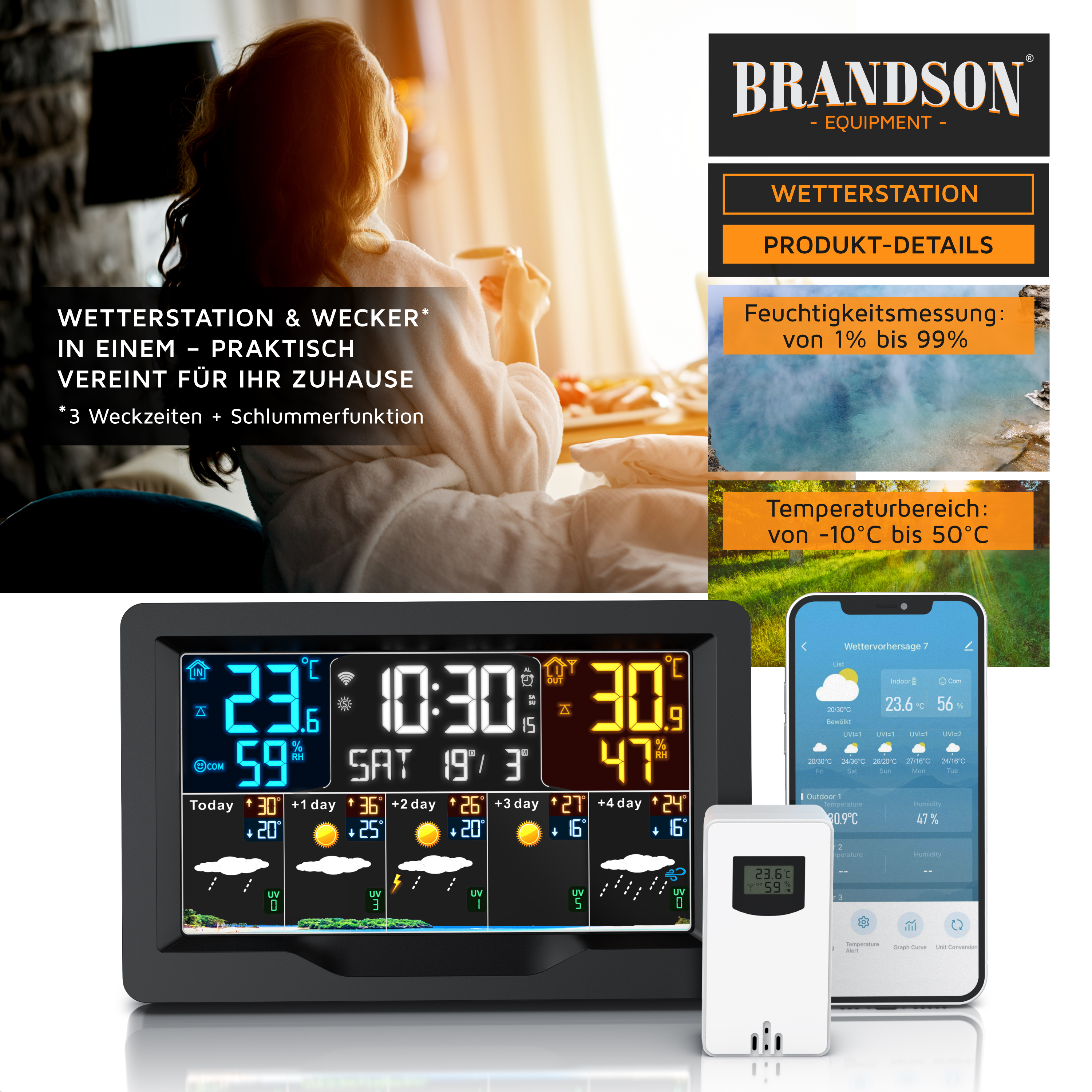 Brandson-Wetterstation mit großem Digitaldisplay zur Anzeige von Temperatur, Luftfeuchtigkeit und Wettervorhersage, konzipiert für den Heimgebrauch.