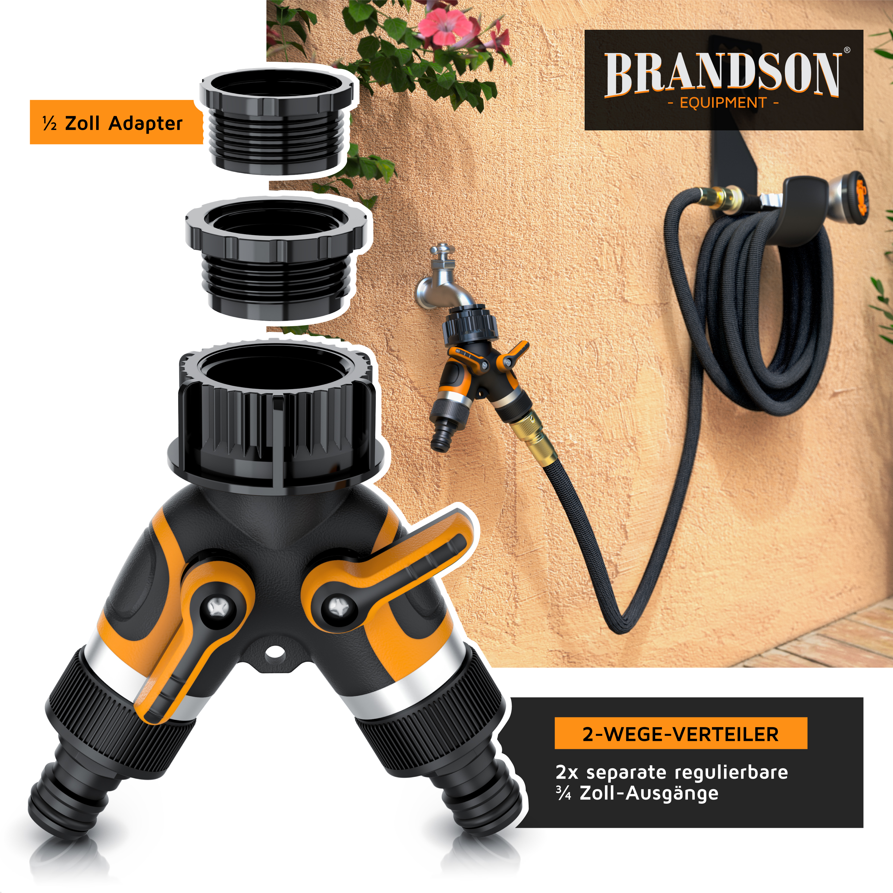 Brandson 2-Wege-Verteiler mit zwei verstellbaren Ausgängen, schwarzes und orangefarbenes Design, geeignet für Gartenschläuche, an der Wand montiert.