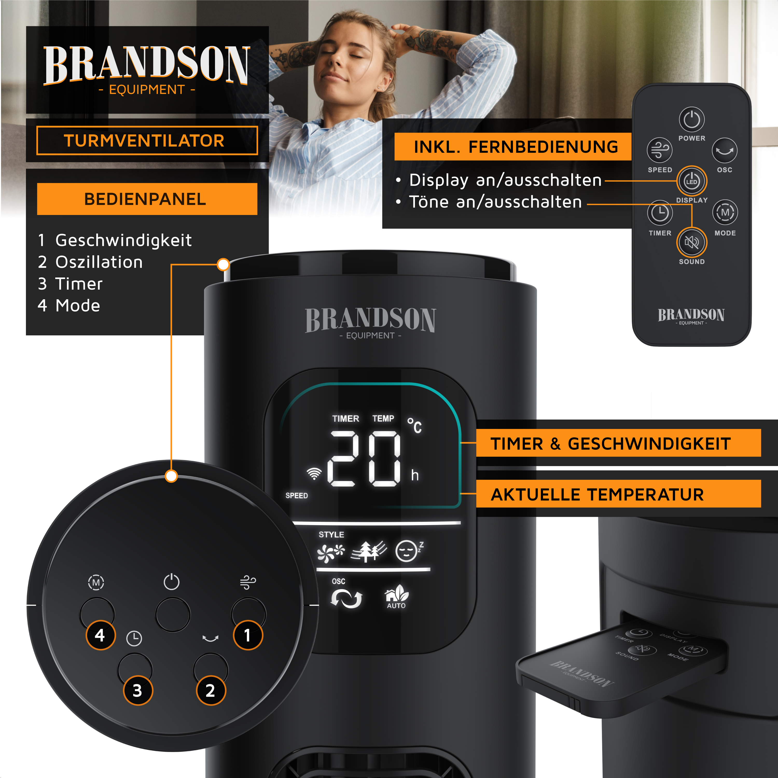 Brandson Turmventilator mit digitalem Display, Fernbedienung und Bedienfeld für Geschwindigkeits- und Timer-Einstellungen in Schwarz.