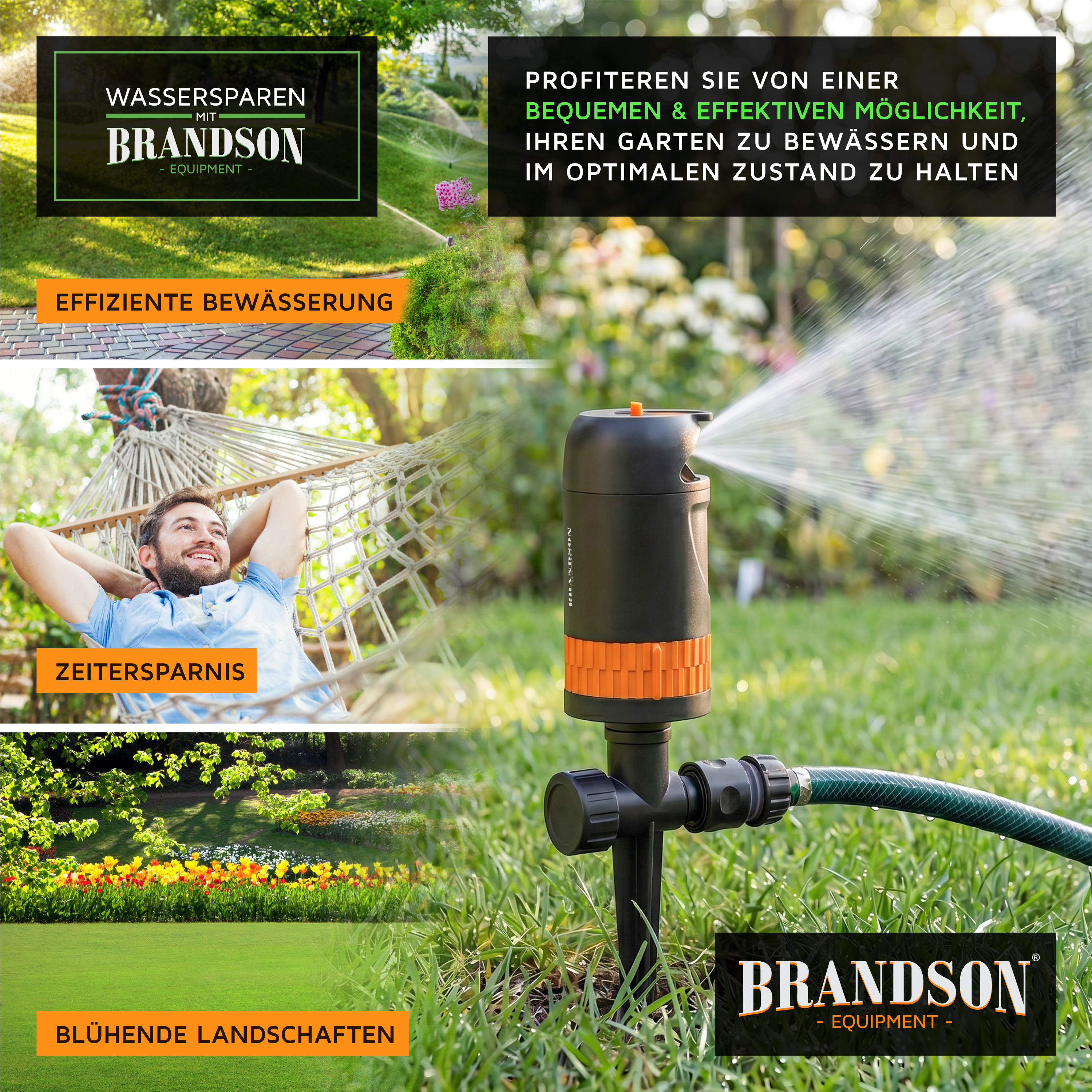 Brandson Bewässerungsgerät in Schwarz mit orangefarbenen Akzenten montiert, an einem Gartenschlauch, sprüht Wasser auf eine grüne Rasenfläche.