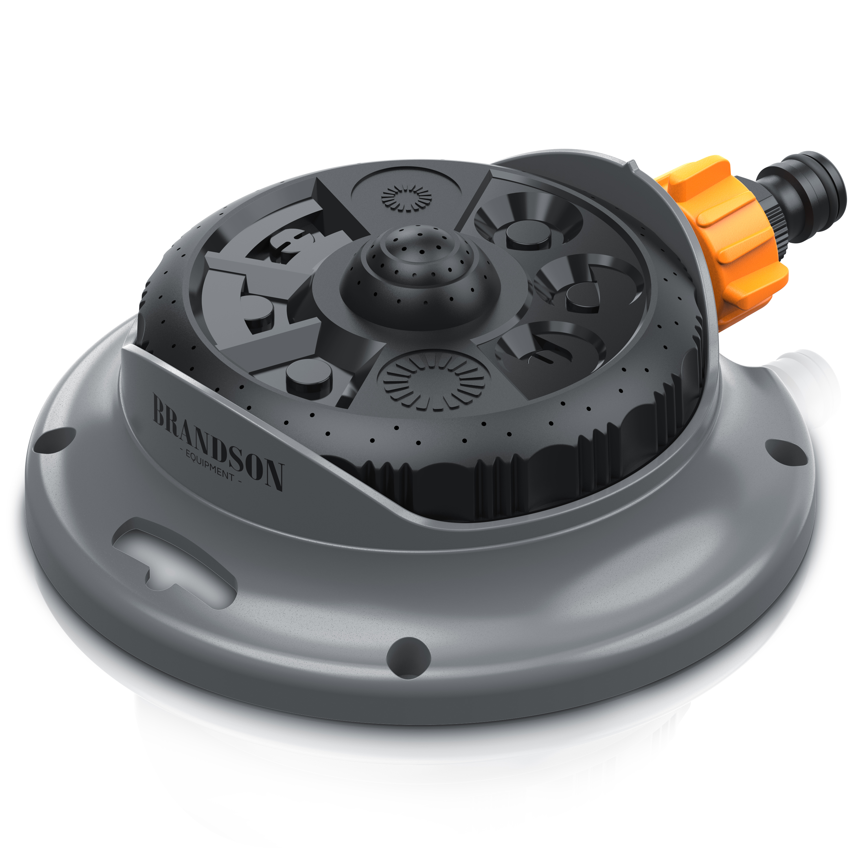 Brandson Sprinkler mit runder Basis, grauem Gehäuse und orangefarbenem Anschluss, geeignet für Gartenbewässerung.