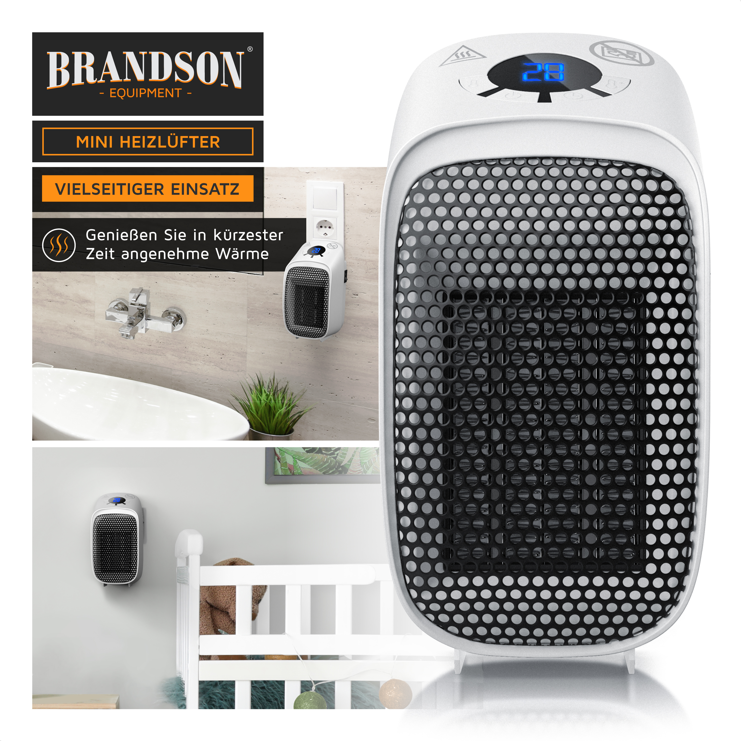 Brandson Mini-Heizgerät mit kompaktem Design, digitaler Anzeige und Netzfront, geeignet für den vielseitigen Einsatz in verschiedenen Umgebungen.