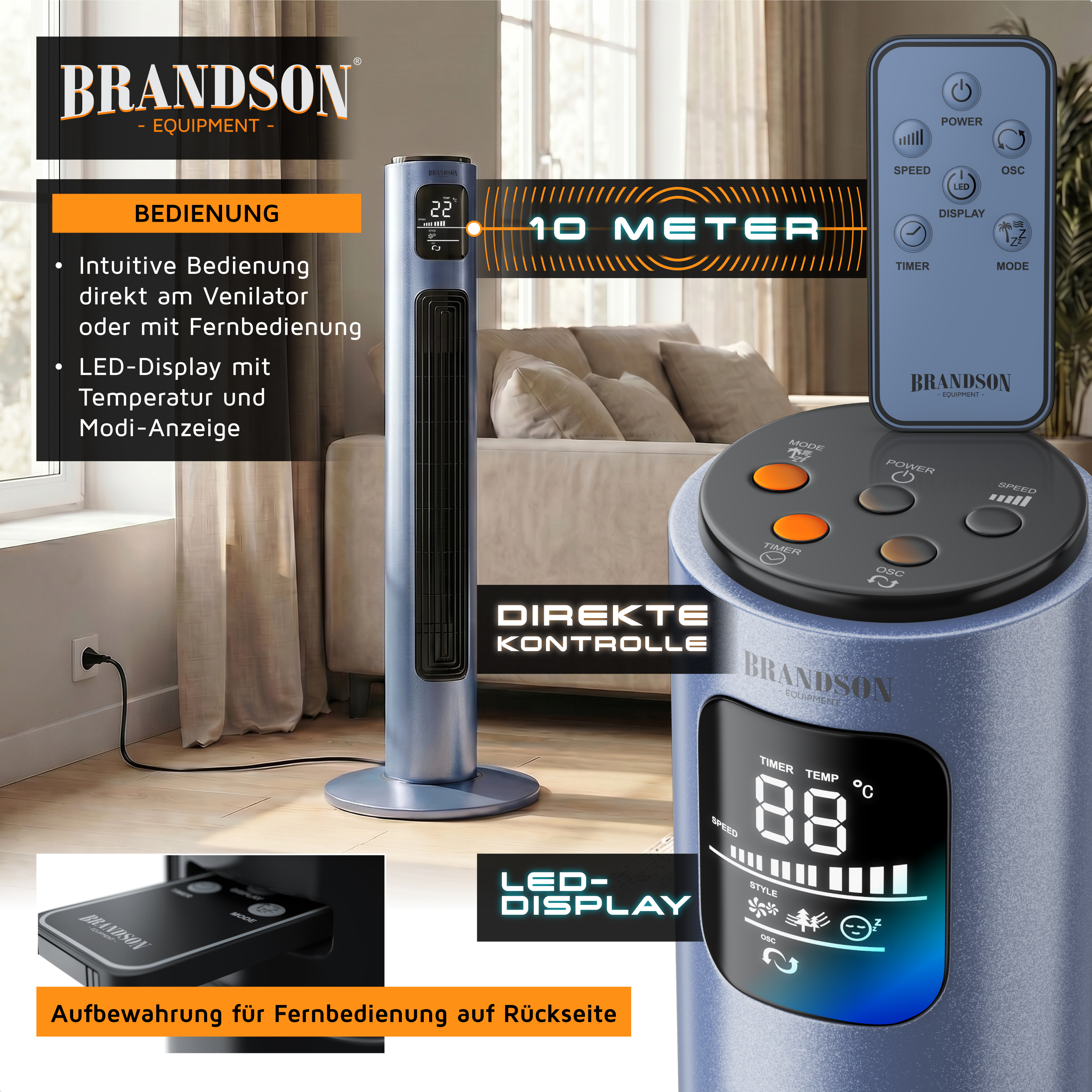 Brandson-Turmventilator mit elegantem Design, blauer Farbe, LED-Anzeige für Temperatur und Modus sowie Fernbedienungsfunktion.