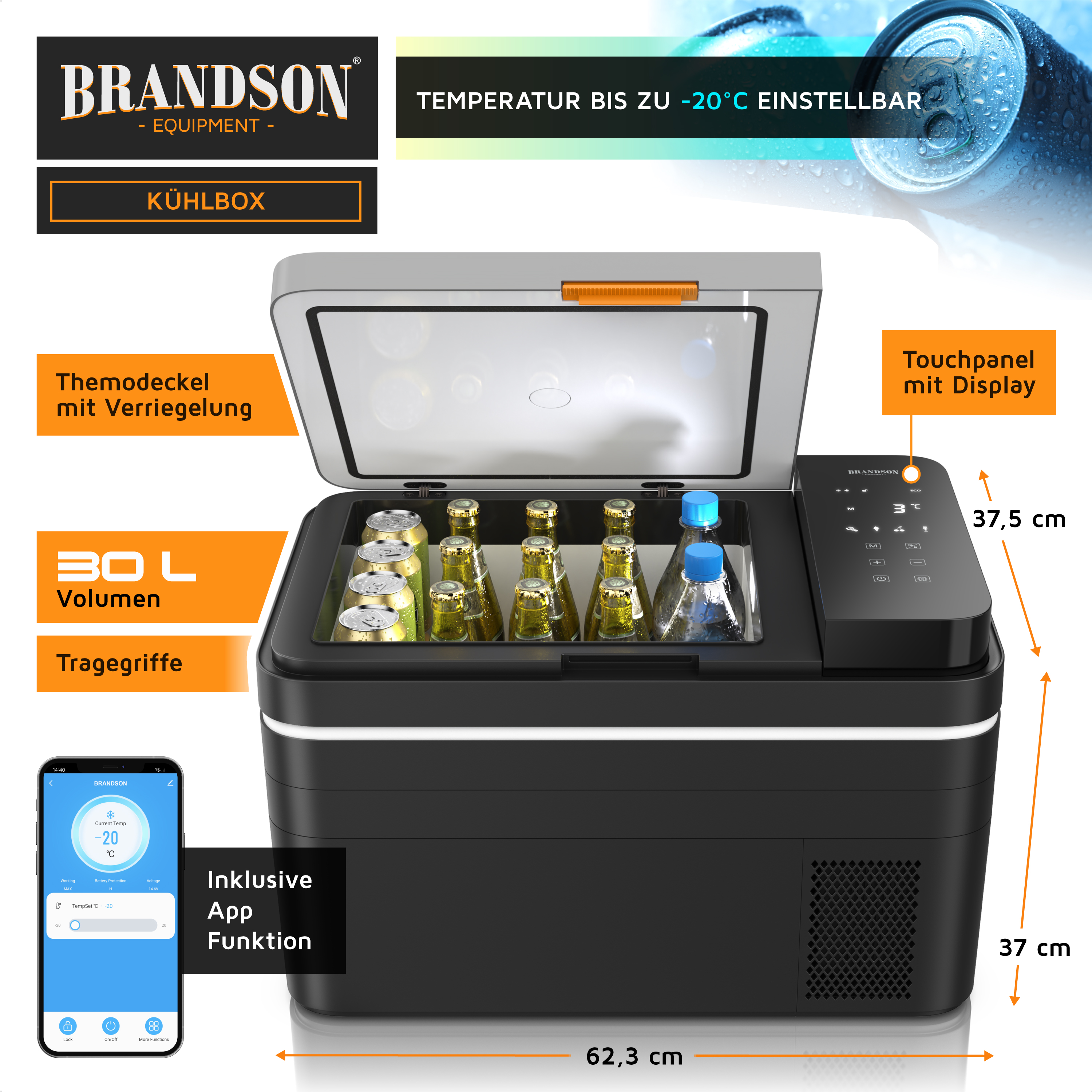 Brandson Kühlbox mit 30 Litern Volumen, Thermodeckel mit Verriegelung, Touchpanel und App-Funktion, ideal für Getränke.