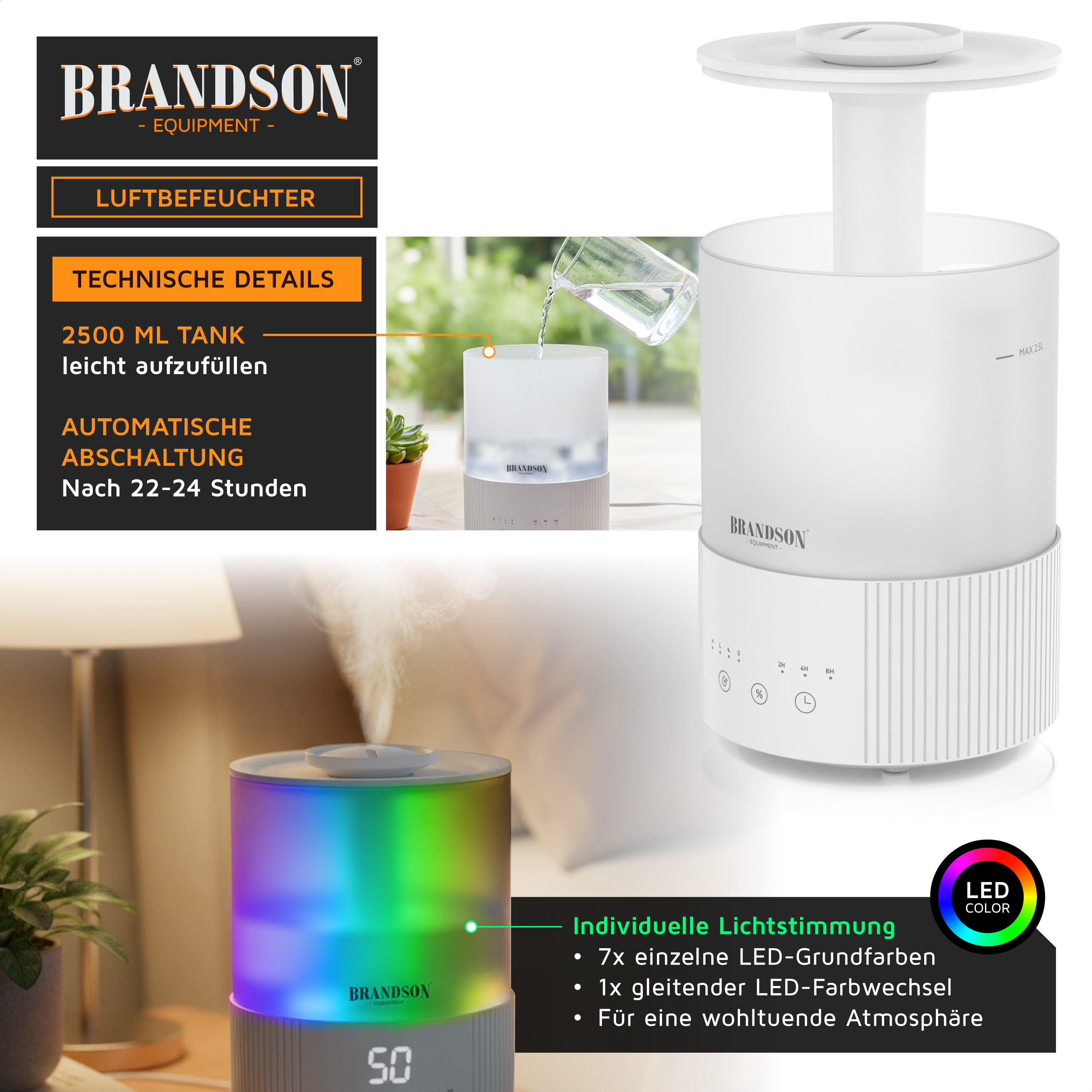 Brandson Luftbefeuchter in Weiß mit 2500 ml Tank, LED-Farbwechsel und Bedienfeld, ideal für eine angenehme Atmosphäre.