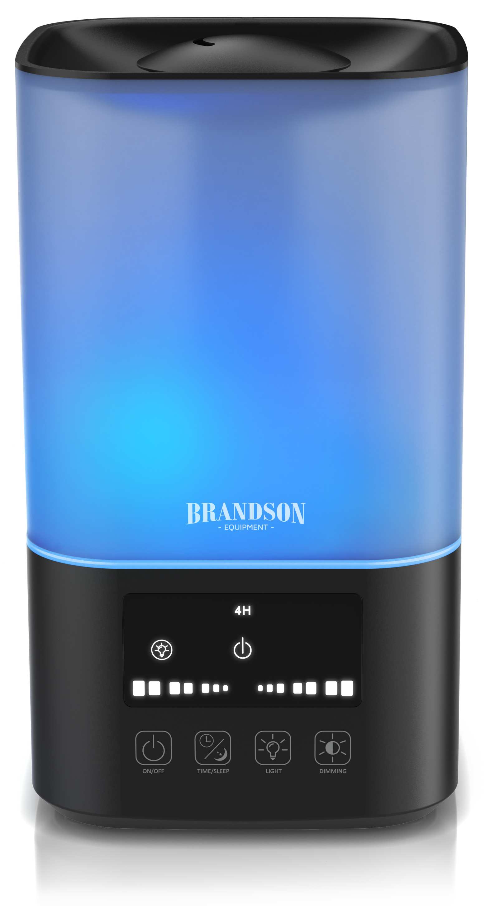 Brandson Luftbefeuchter mit blauer LED-Beleuchtung, schwarzem Bedienfeld und Tasten für verschiedene Funktionen.