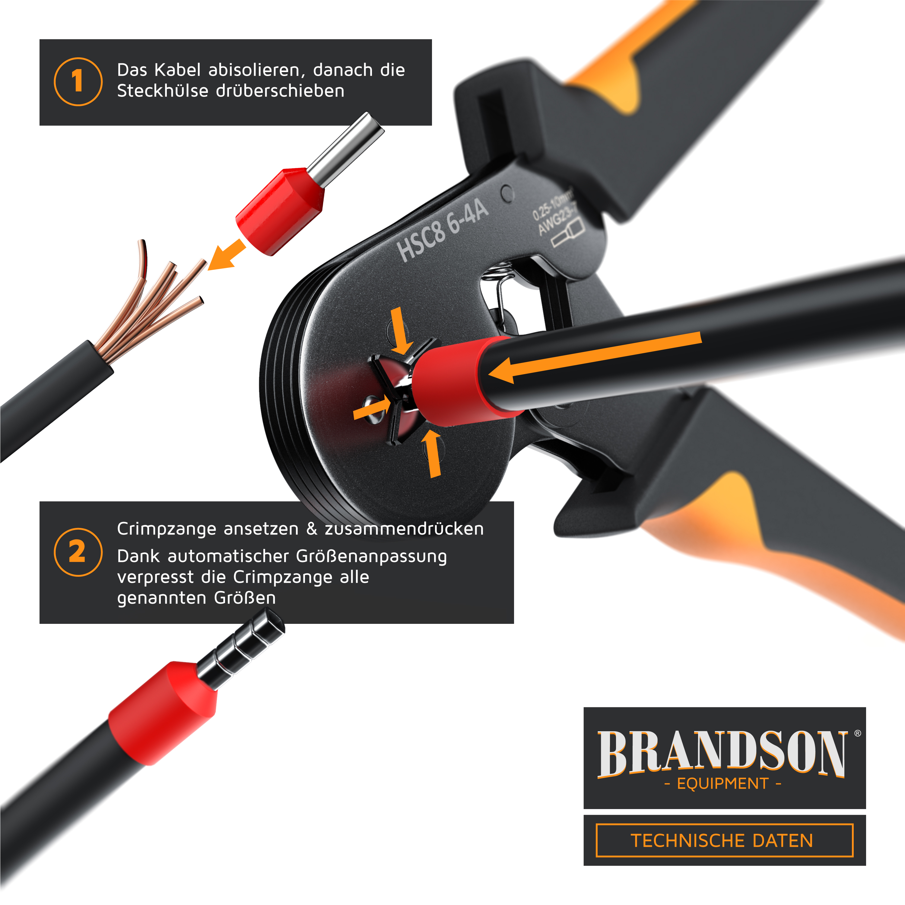Crimpzange von Brandson mit ergonomischen Griffen, automatischer Größenanpassung und sichtbarem Abisoliervorgang.