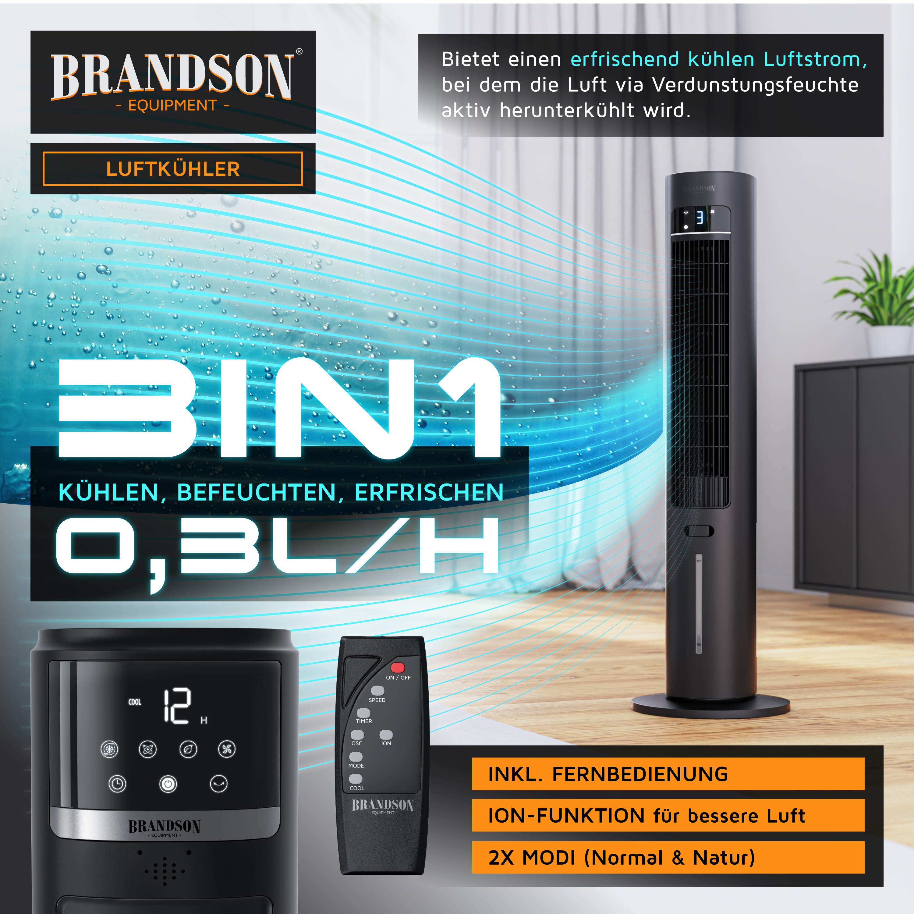 Brandson-Luftkühler mit elegantem schwarzem Design, Digitalanzeige, Fernbedienung und stabilem Sockel, ideal zum Kühlen und Erfrischen von Innenräumen.