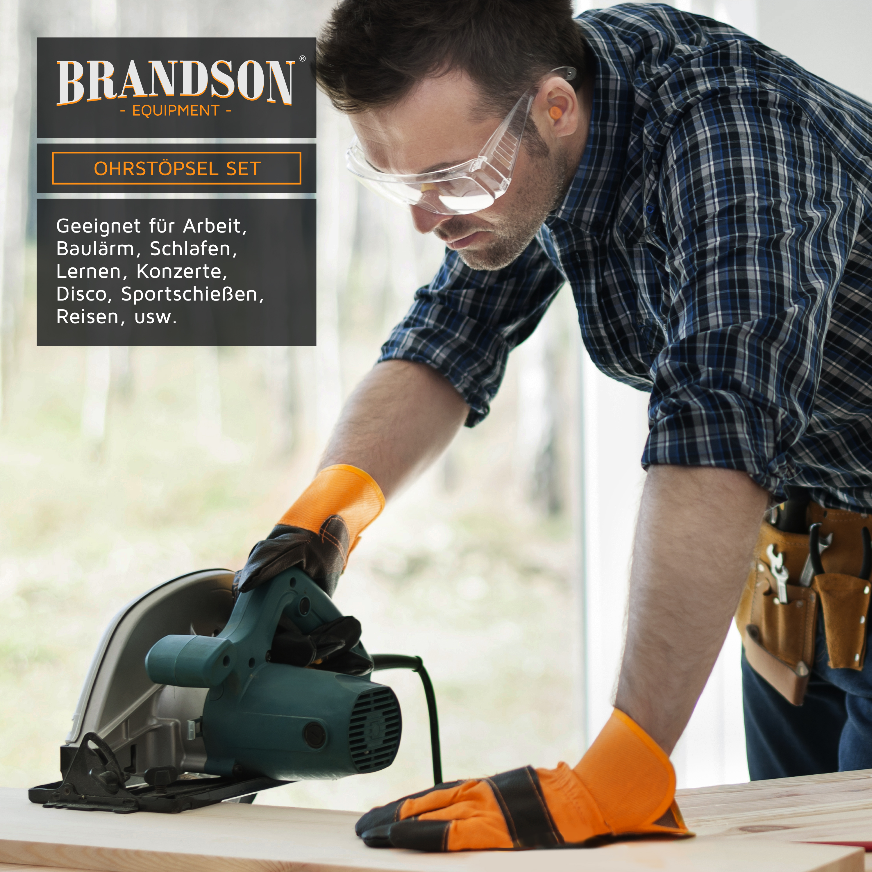 Brandson Ohrstöpsel-Set in orange und schwarz, geeignet für verschiedene Lärmsituationen, präsentiert auf einem Arbeitstisch.