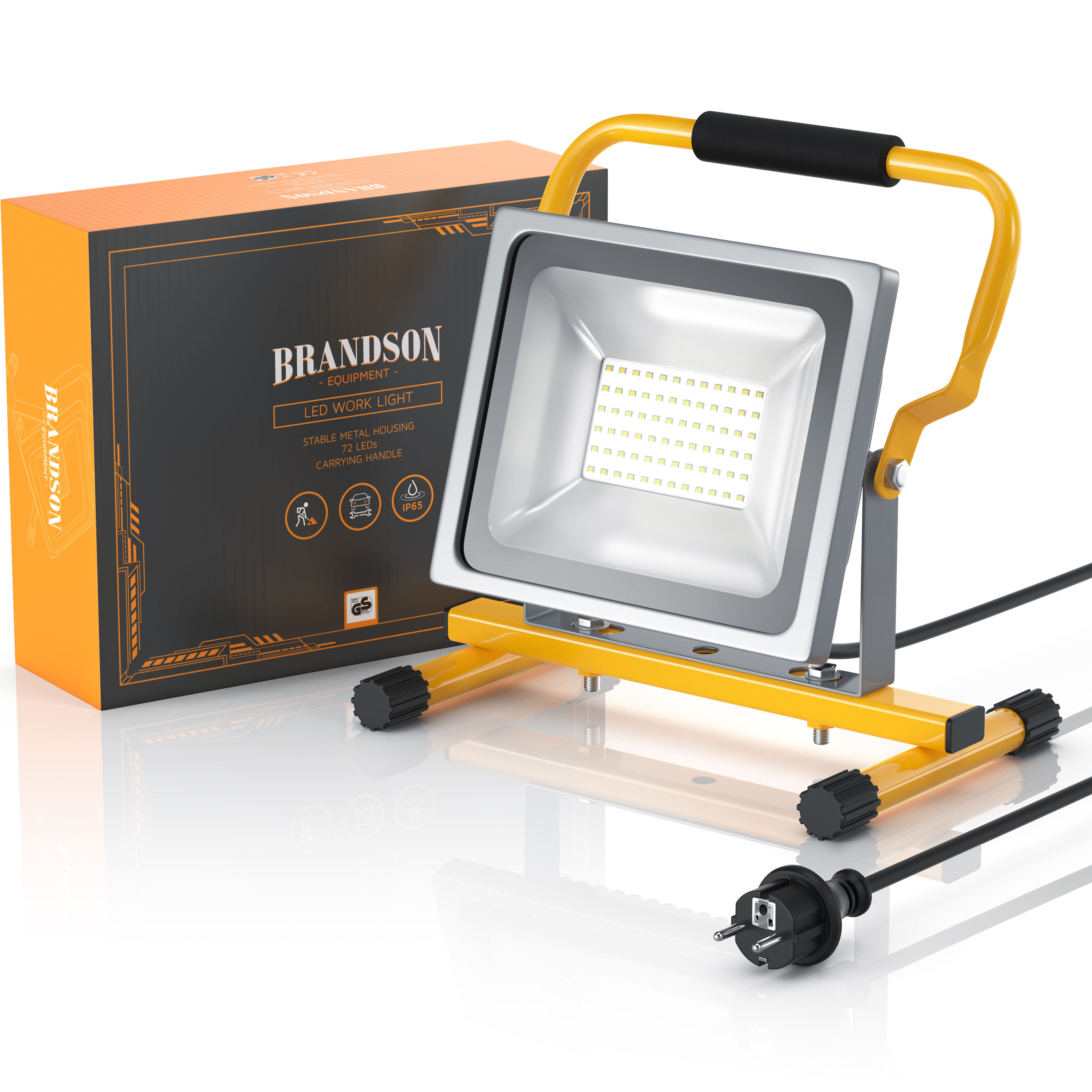 Brandson LED-Arbeitsleuchte mit stabilem Metallgehäuse, gelbem Tragegriff und sichtbarem Netzkabel neben der Verpackung.