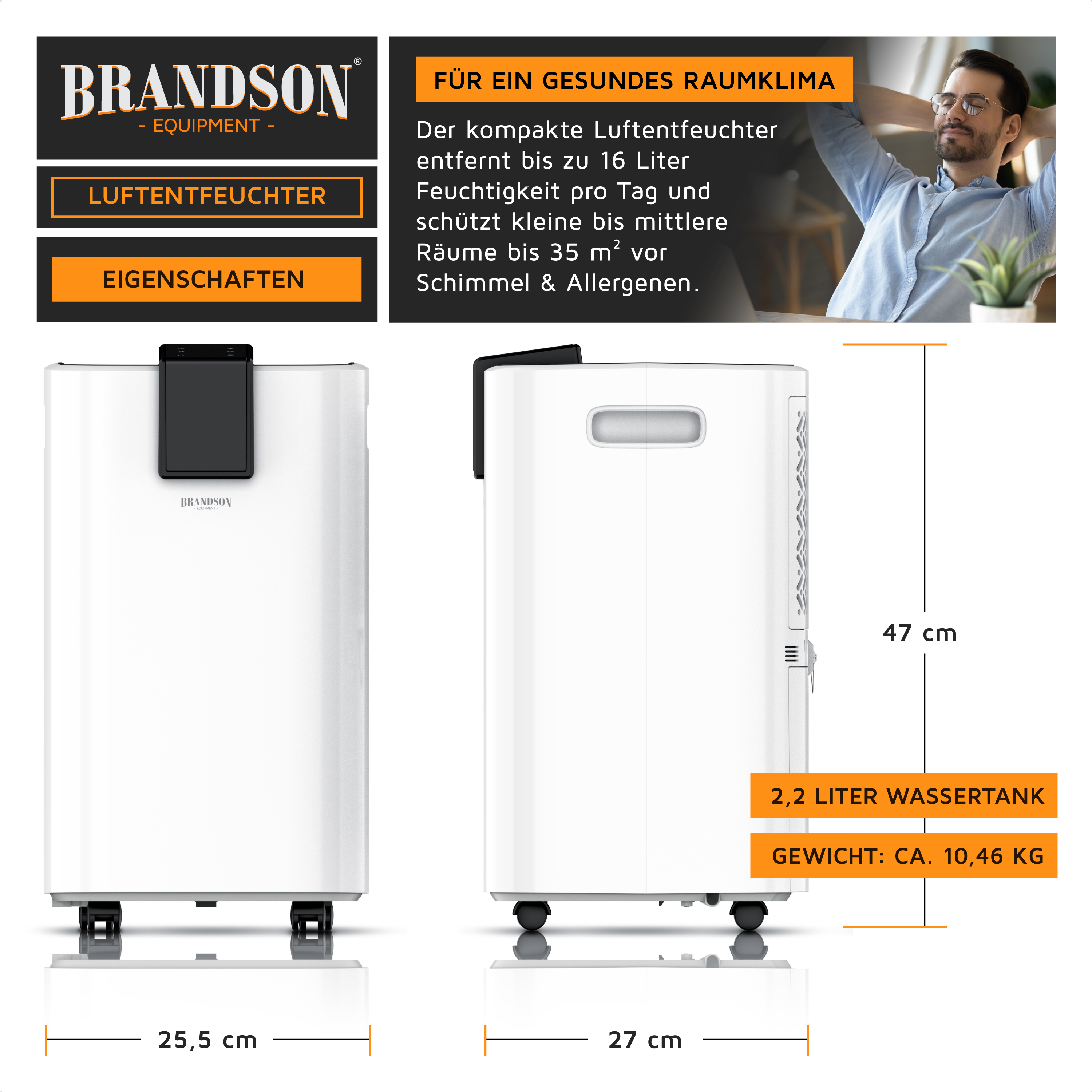 Brandson Luftentfeuchter in Weiß mit einem 2,2 Liter Wassertank, Rollen und einem Griff für einfache Mobilität.