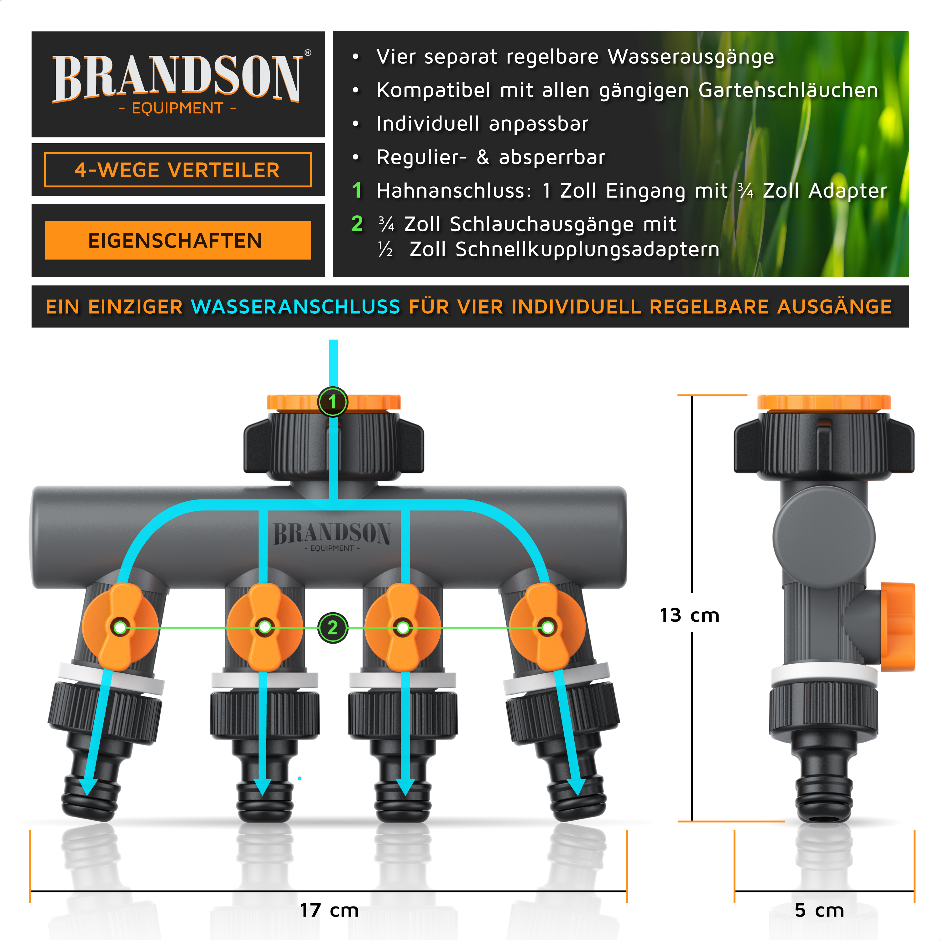 Brandson 4-Wege-Wasserverteiler mit vier verstellbaren Ausgängen, kompatibel mit Standard-Gartenschläuchen, mit orangefarbenen Knöpfen und grauem Gehäuse.