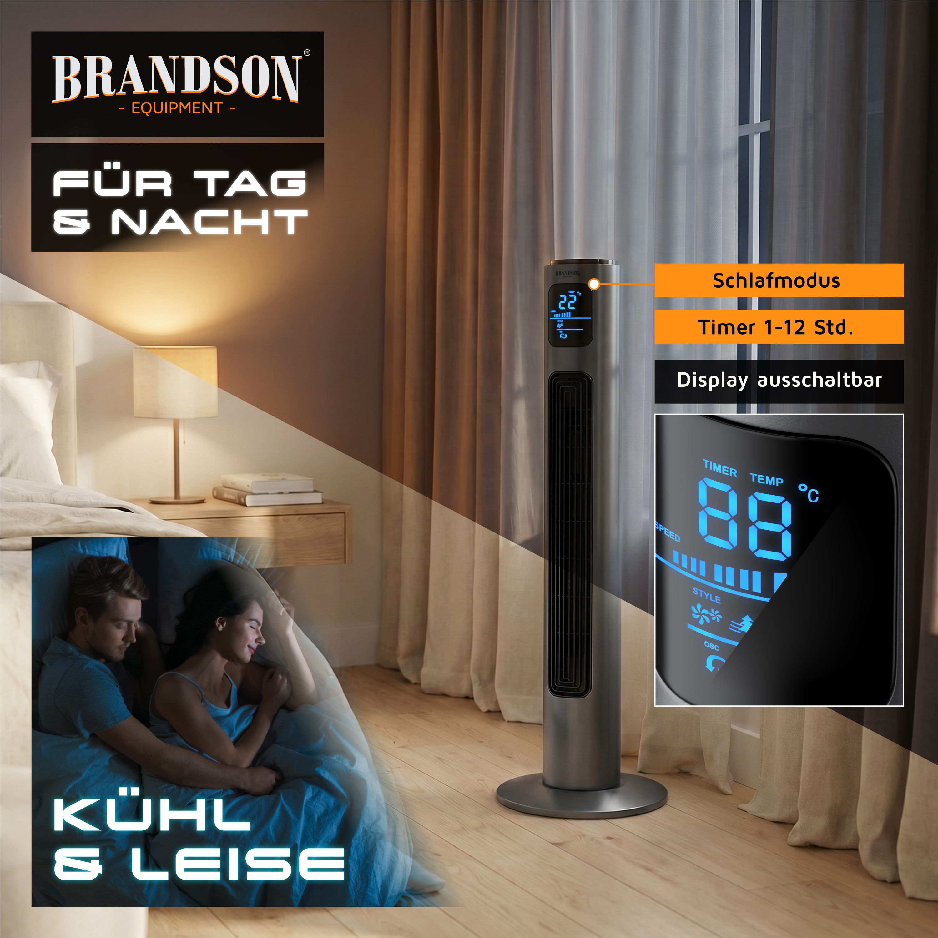 Brandson Turmventilator mit elegantem Design, Digitalanzeige und Fernbedienung, platziert in einer gemütlichen Schlafzimmerumgebung.