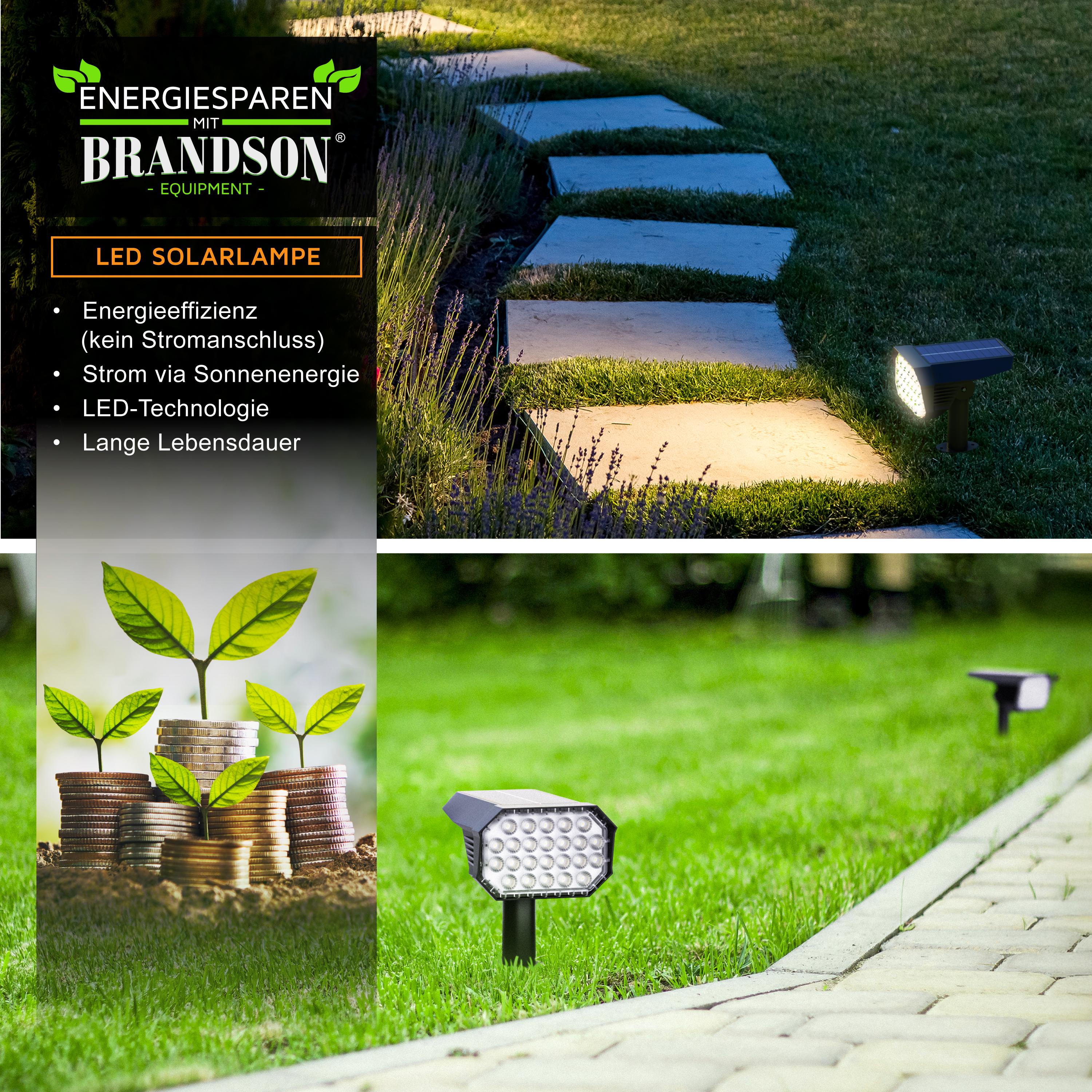 Brandson LED-Solarlampe mit elegantem schwarzem Design, platziert auf einem Gartenweg, demonstriert Energieeffizienz und Solartechnologie.
