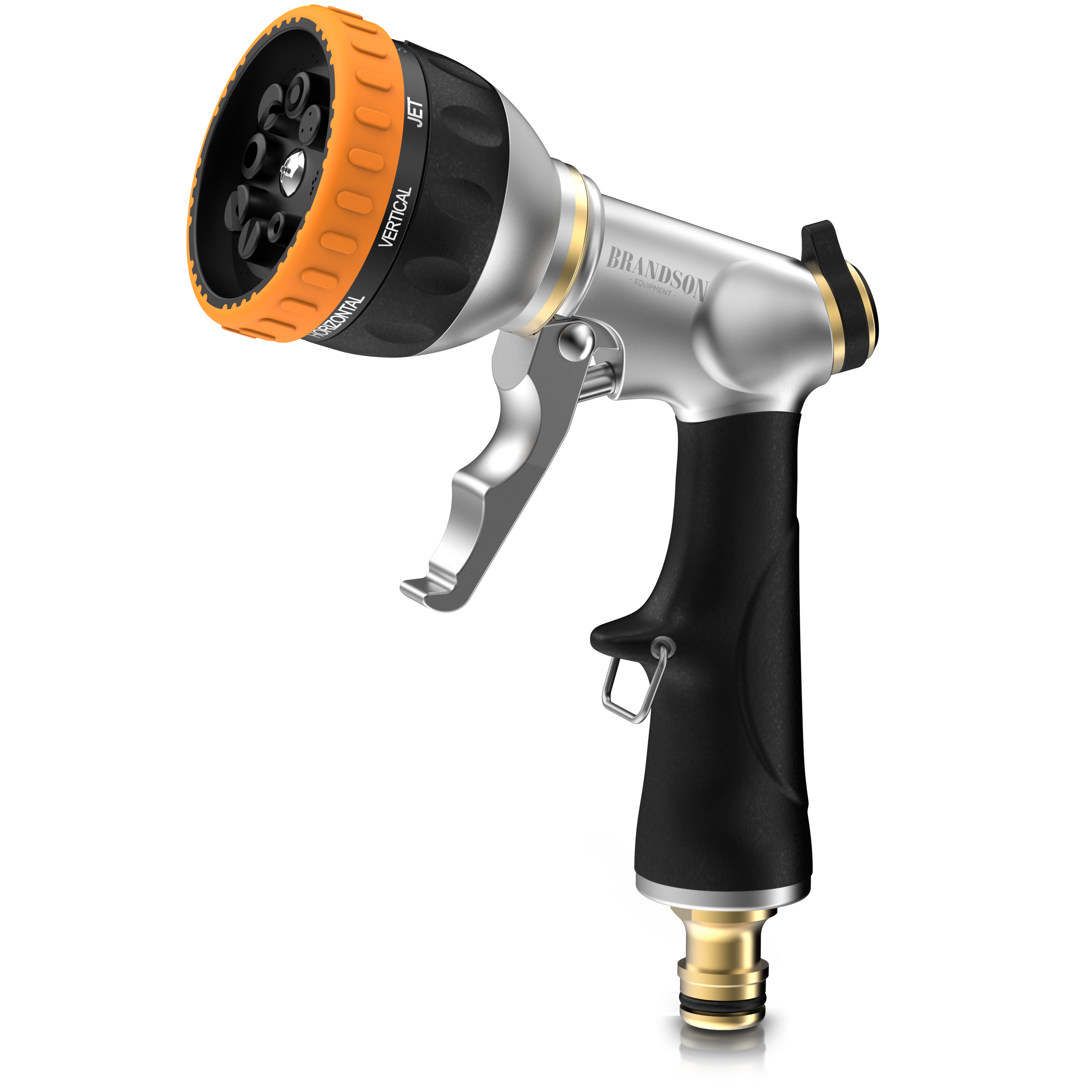 Brandson Gartenschlauchdüse mit ergonomischem Griff, silbernem und schwarzem Design sowie verstellbarem Sprühkopf für verschiedene Wasserstrahlarten.