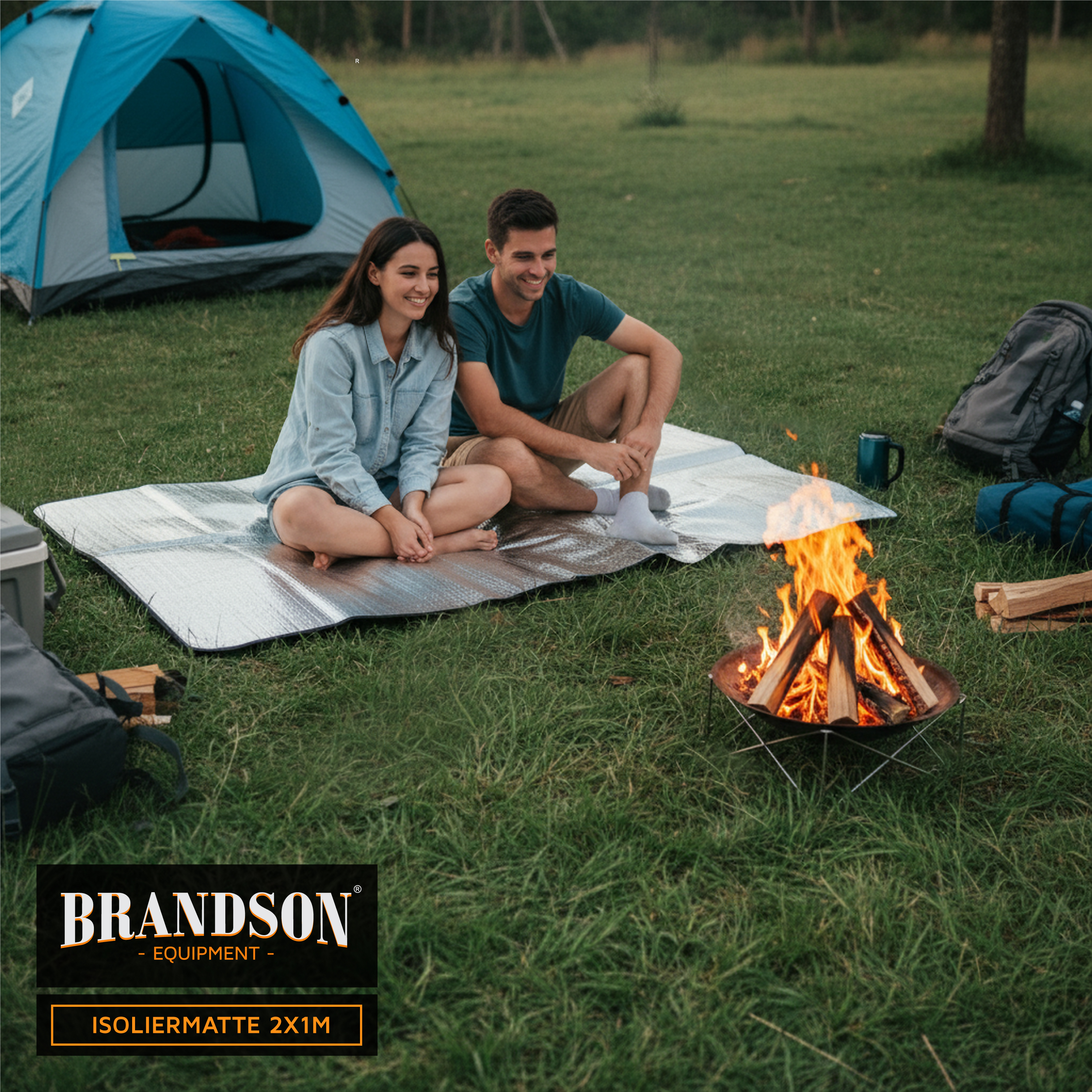 Brandson Isoliermatte 2x1m aus reflektierendem Material, genutzt beim Camping am Lagerfeuer, mit Zelt im Hintergrund.