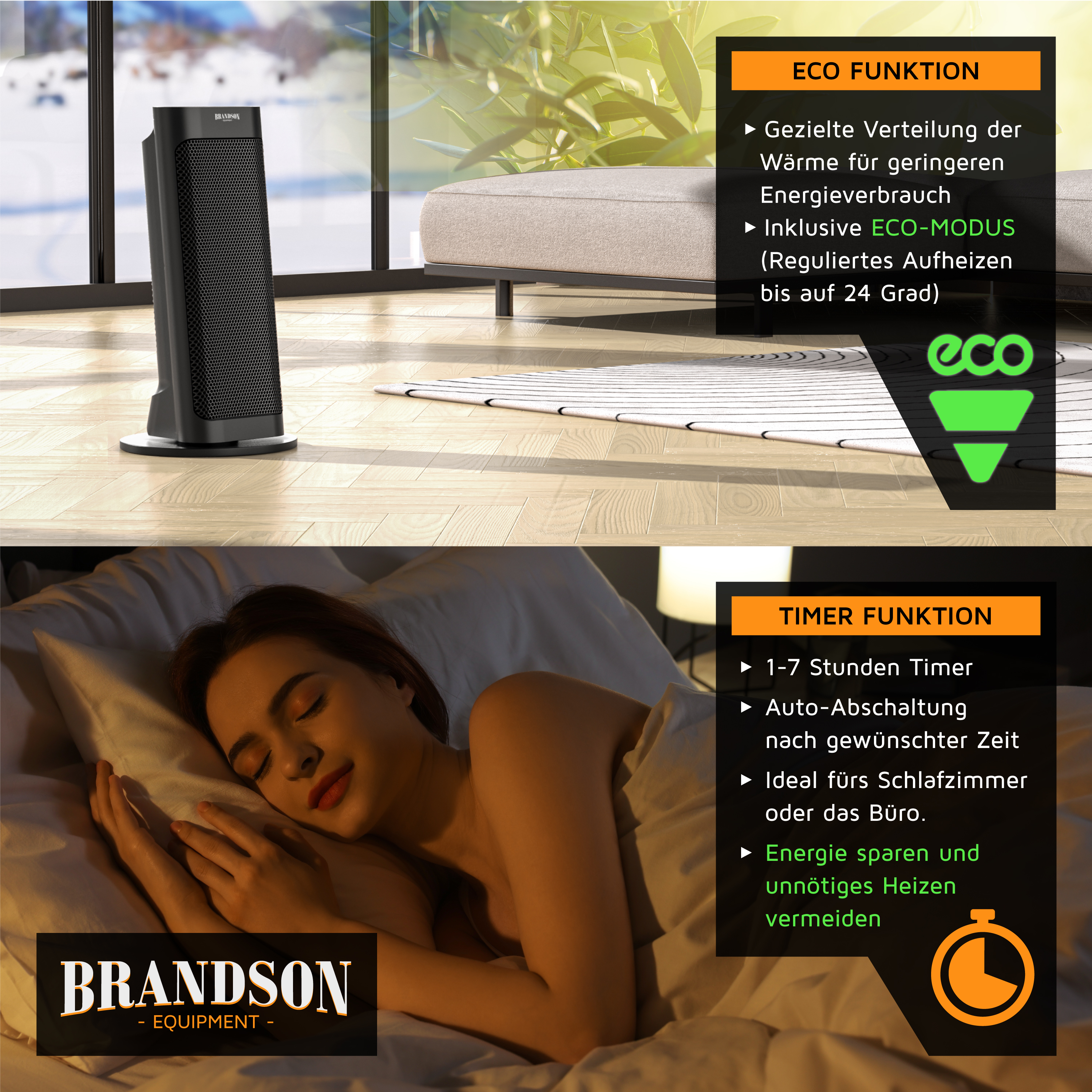 Brandson Heizlüfter in schwarzer, schlanker Bauform mit Display und Bedienfeld, ideal für den Einsatz im Schlafzimmer oder Büro.