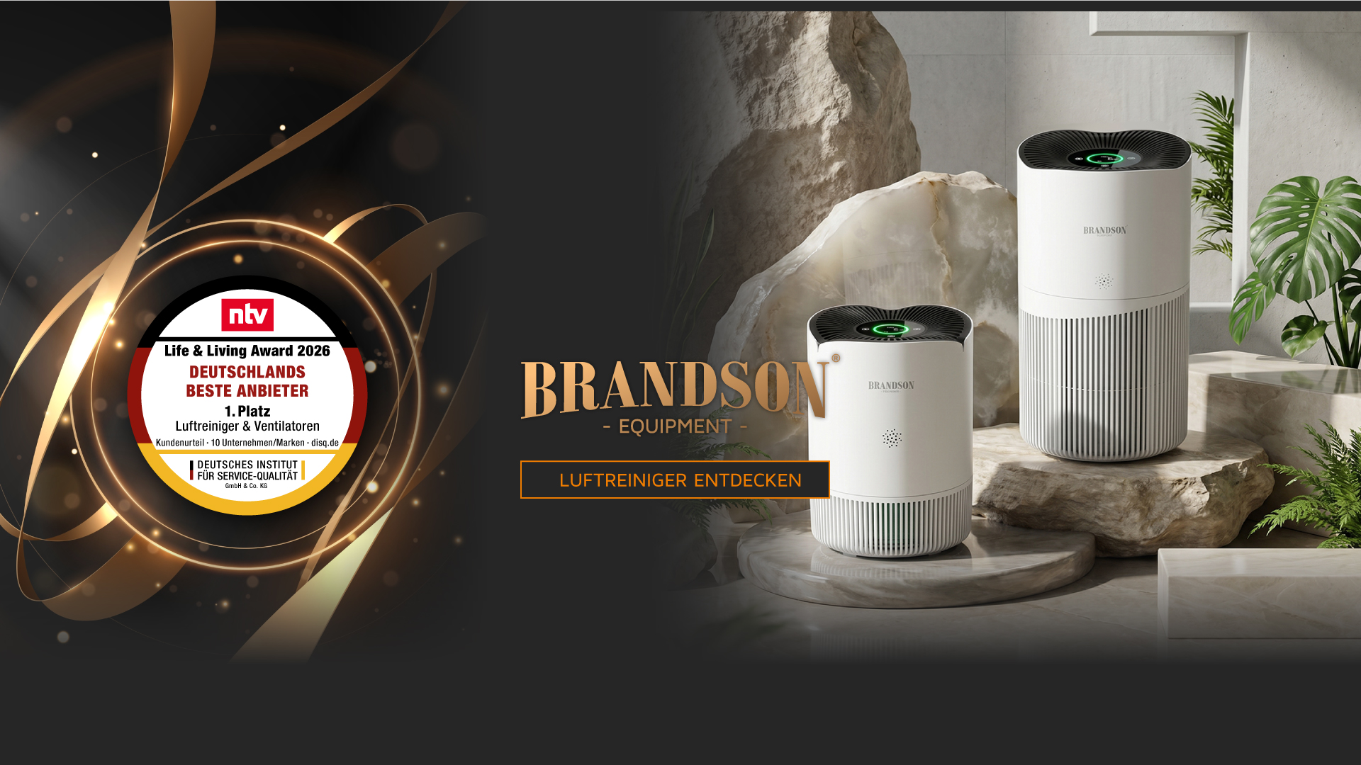 Brandson-Luftreiniger in modernem Ambiente mit elegantem weißem Design, Touch-Bedienfeld und dekorativen Pflanzenelementen.