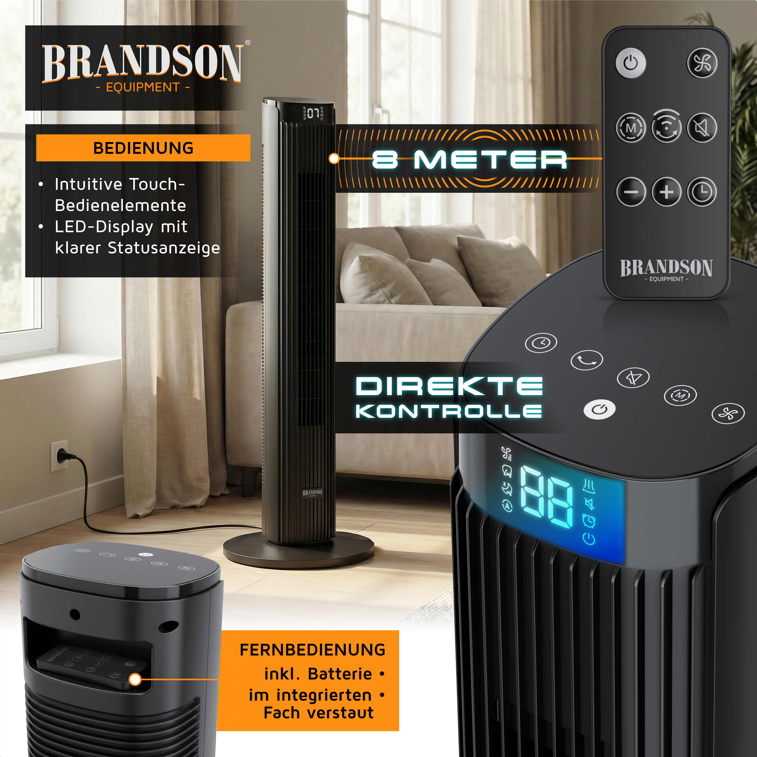 Turmventilator von Brandson mit intuitiver Touch-Bedienung, LED-Anzeige und Fernbedienung in einem Fach untergebracht, aufgestellt in einem gemütlichen Wohnzimmer.