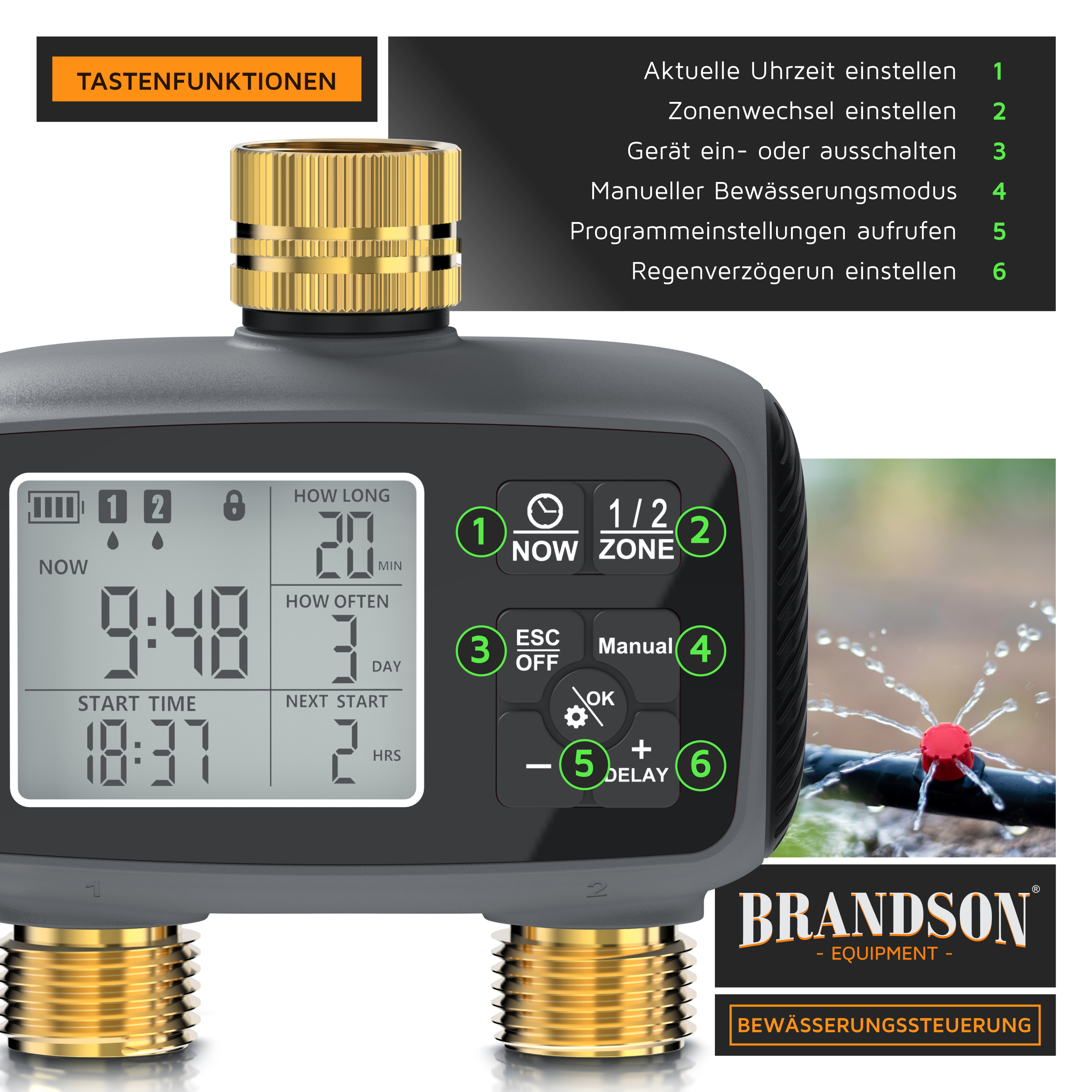 Brandson Bewässerungssteuerung mit digitalem Display, goldenen Anschlüssen und Bedienfeld für Zeiteinstellungen und Programmierung.